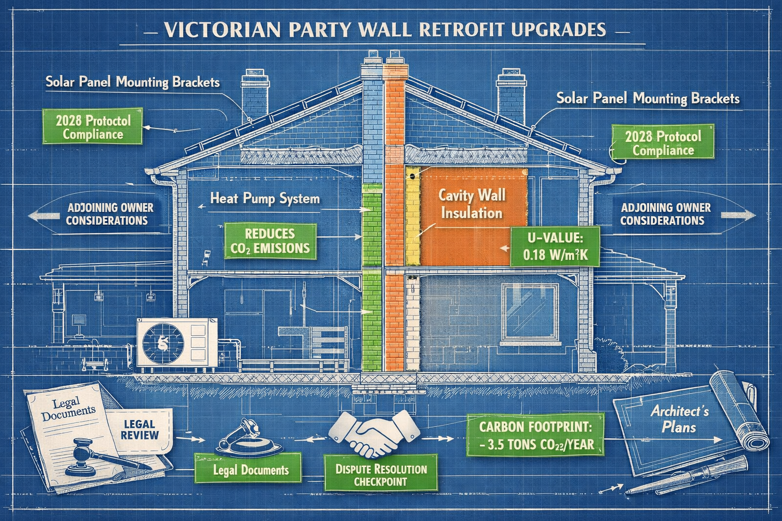 () technical illustration showing a cross-section of a Victorian party wall with green retrofit modifications including
