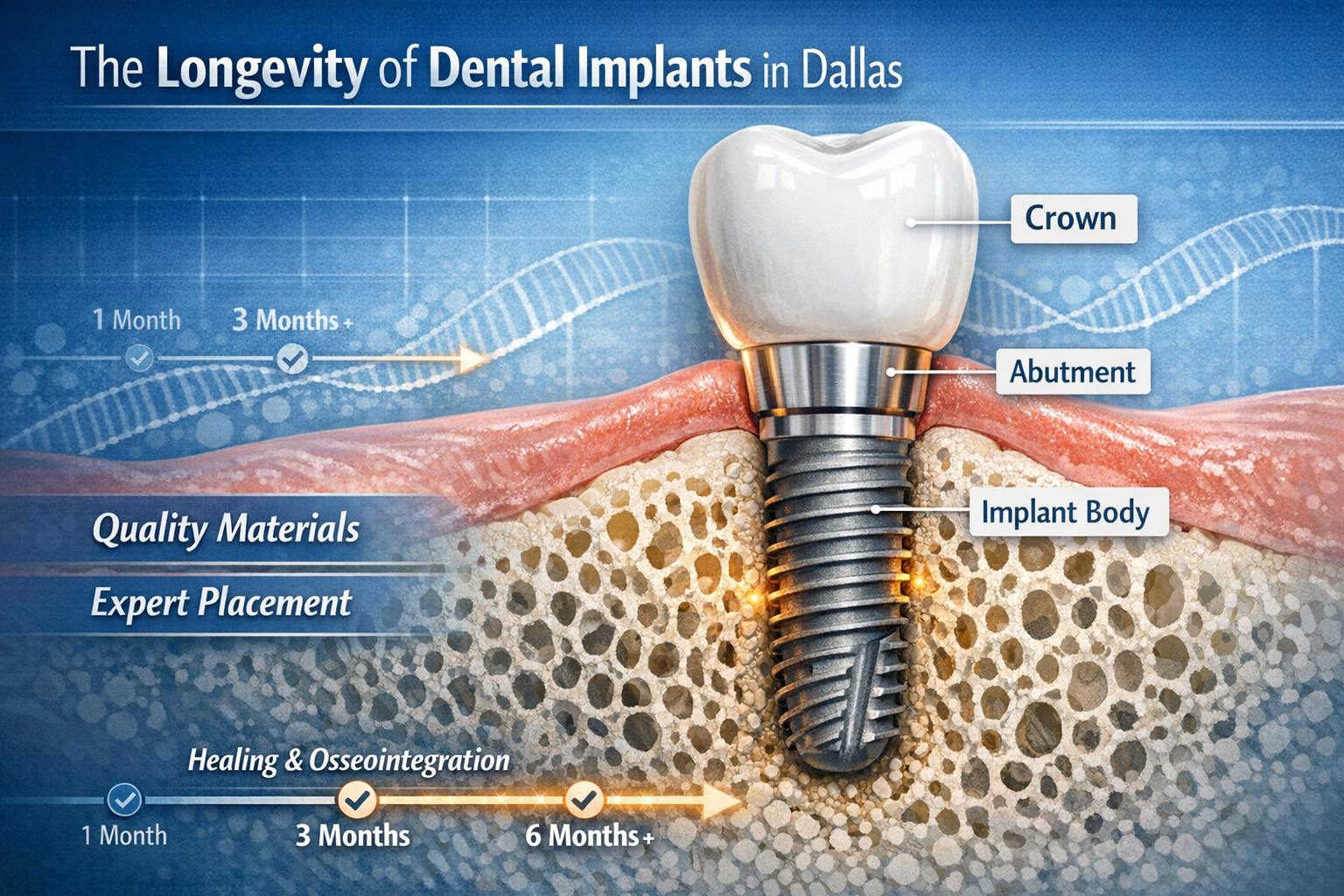 Detailed () image illustrating a close-up cross-section of a dental implant integrated into healthy jawbone, with labels