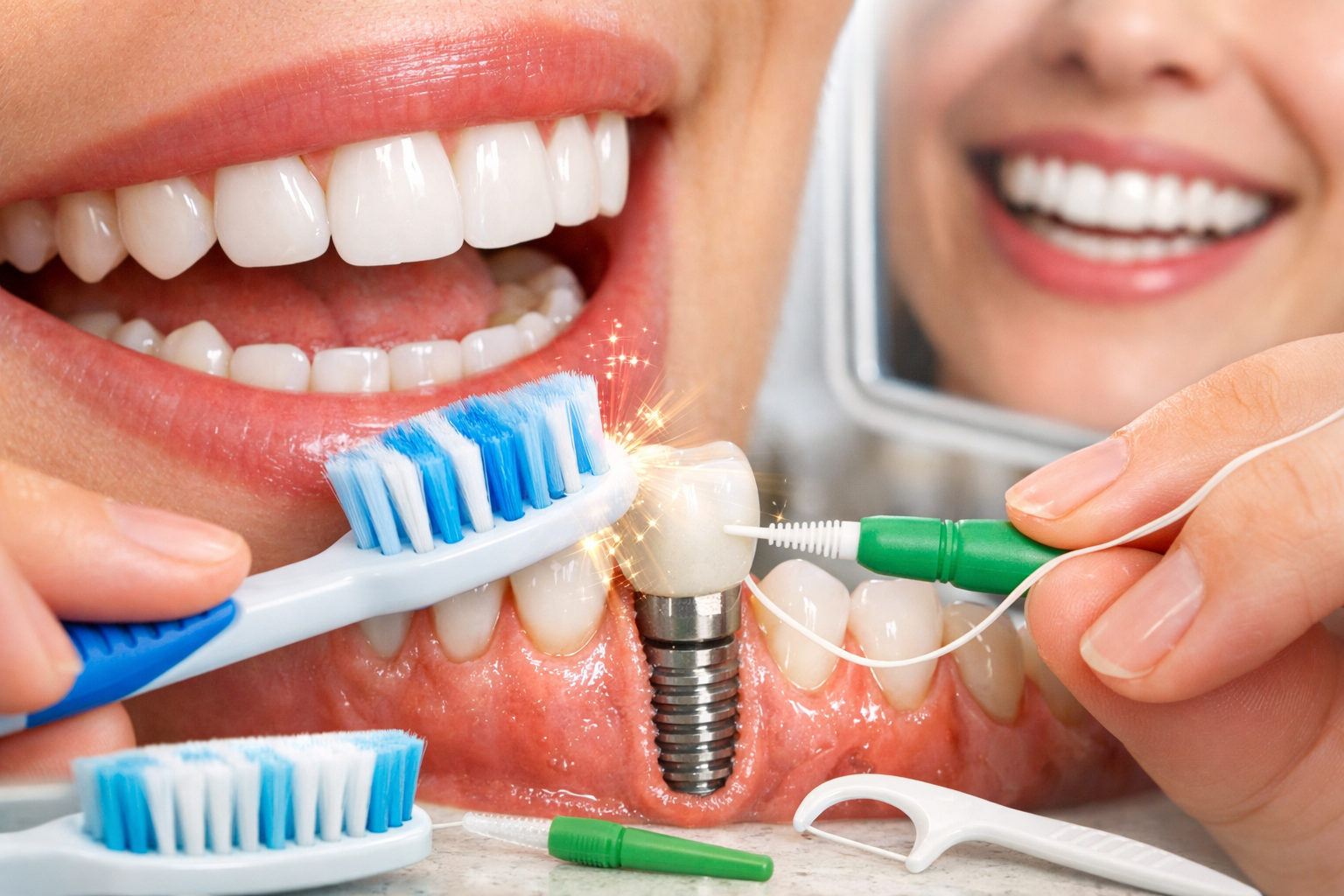 Detailed () image showing a person diligently brushing and flossing around a dental implant, with a mirror reflection in the