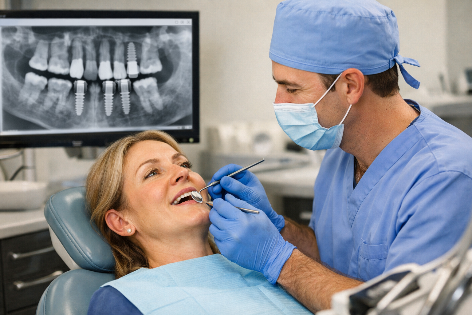 Detailed () image depicting a person undergoing a routine dental check-up, reclining in a modern dental chair, with a