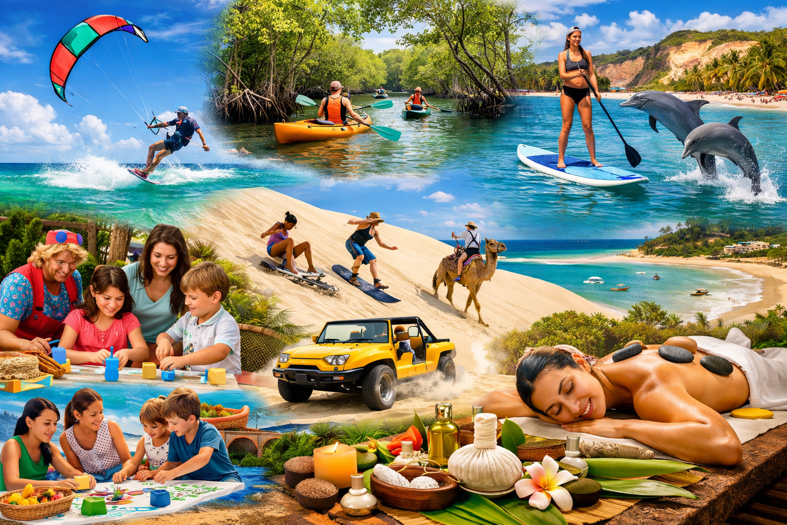Vibrant () composite image showing diverse eco-tourism activities in Northeast Brazil including kite surfing on turquoise
