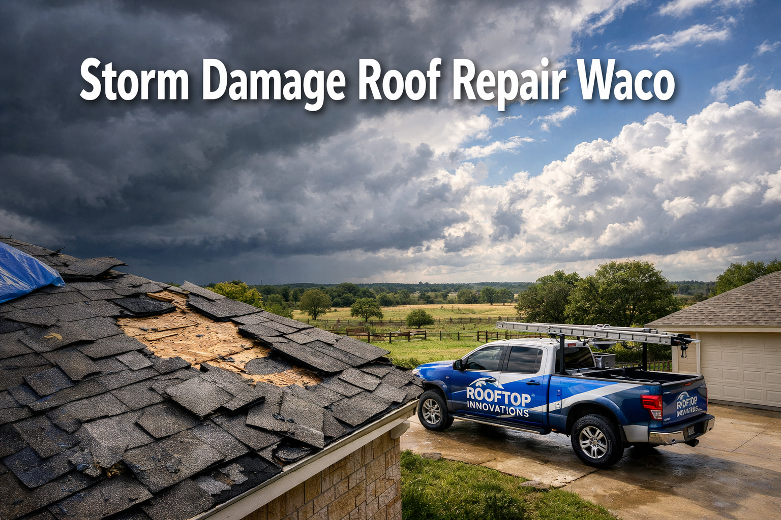 Professional landscape hero image (1536x1024) featuring bold text overlay 'Storm Damage Roof Repair Waco' in extra large 72pt white sans-ser