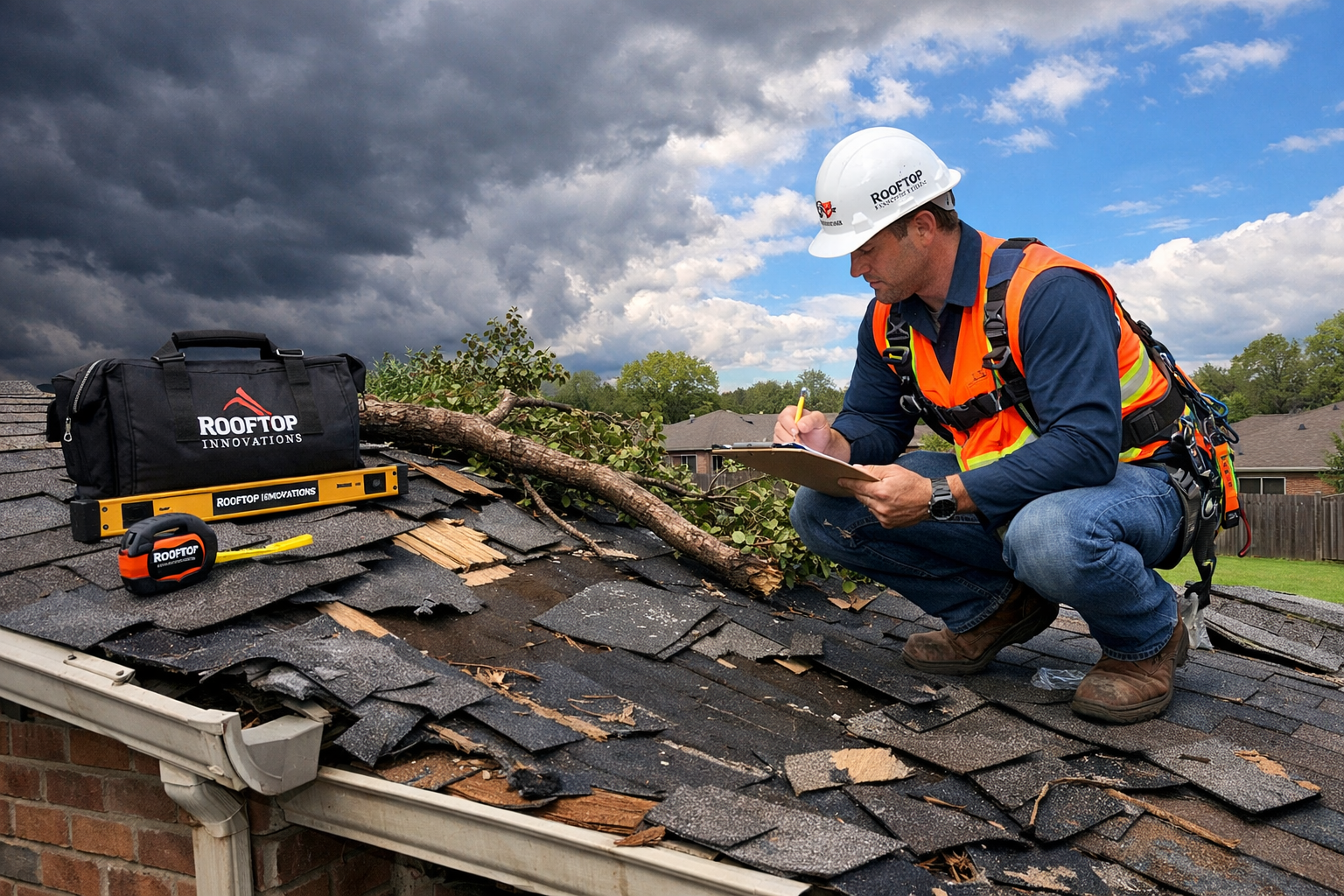 Landscape image (1536x1024) showing severe storm damage to Waco residential roof with missing asphalt shingles, exposed underlayment, damage
