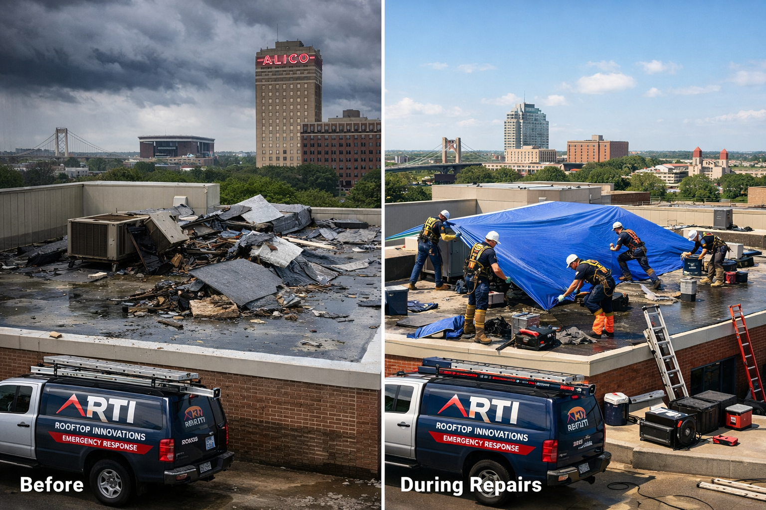 Professional landscape image (1536x1024) depicting Rooftop Innovations team performing emergency storm damage repairs on Waco commercial bui