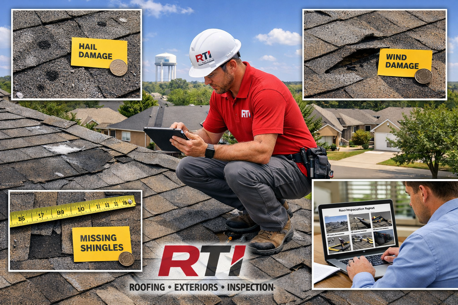 Landscape image (1536x1024) showing comprehensive storm damage roof inspection process in Waco. Professional inspector with tablet documenti