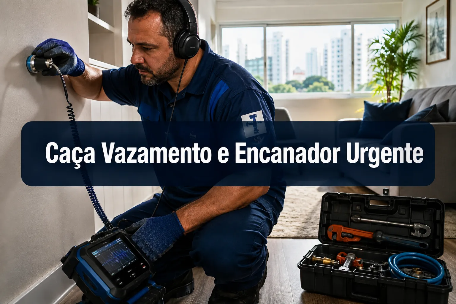 Professional () hero image with centered (≤42 chars): 'Caça Vazamento e Encanador Urgente', white on a deep navy
