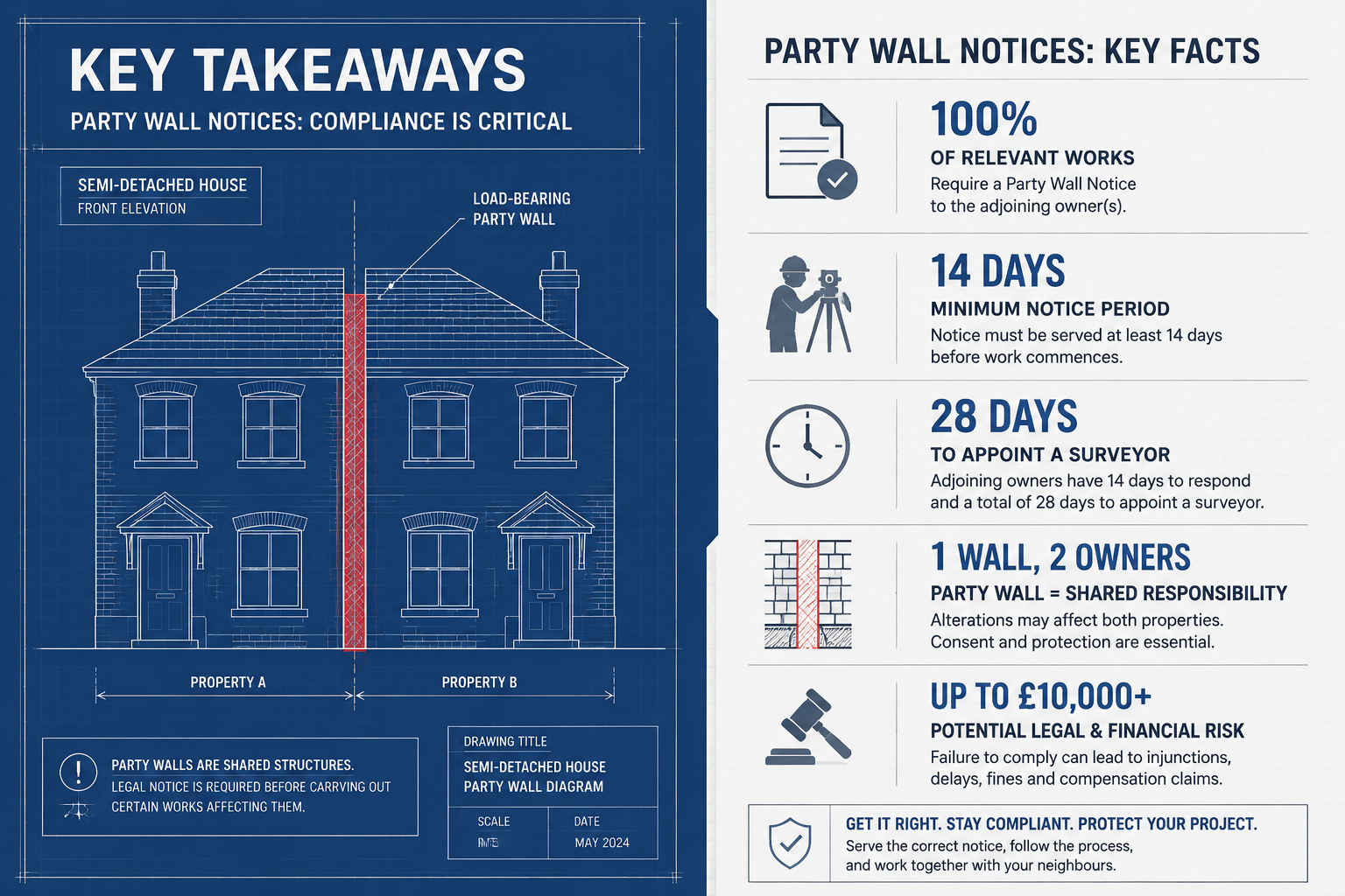 Key Takeaways section infographic with split-screen visual: Left side shows blueprint-style diagram of semi-detached house