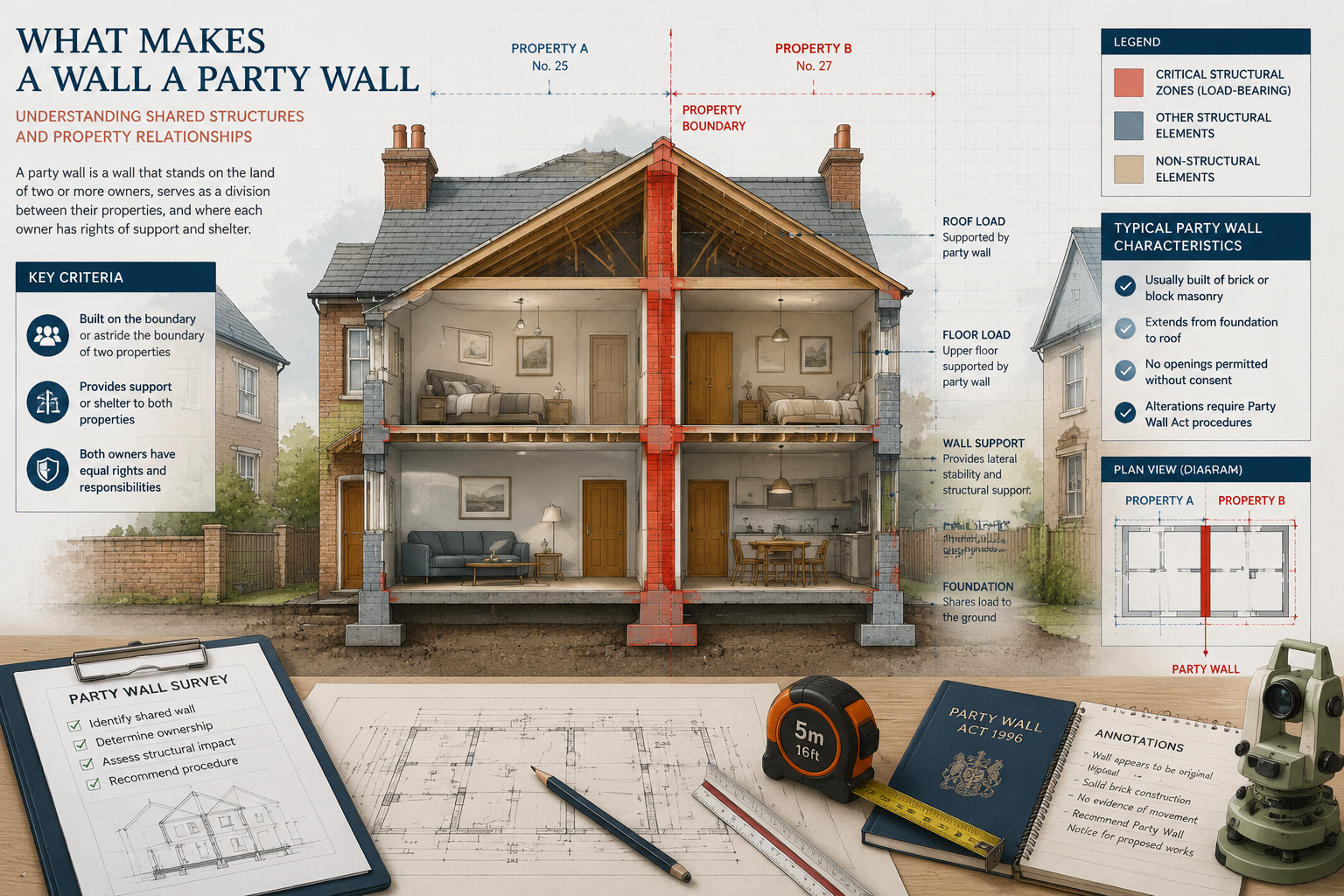 Section exploring 'What Makes a Wall a Party Wall' featuring architectural cutaway illustration showing two connected