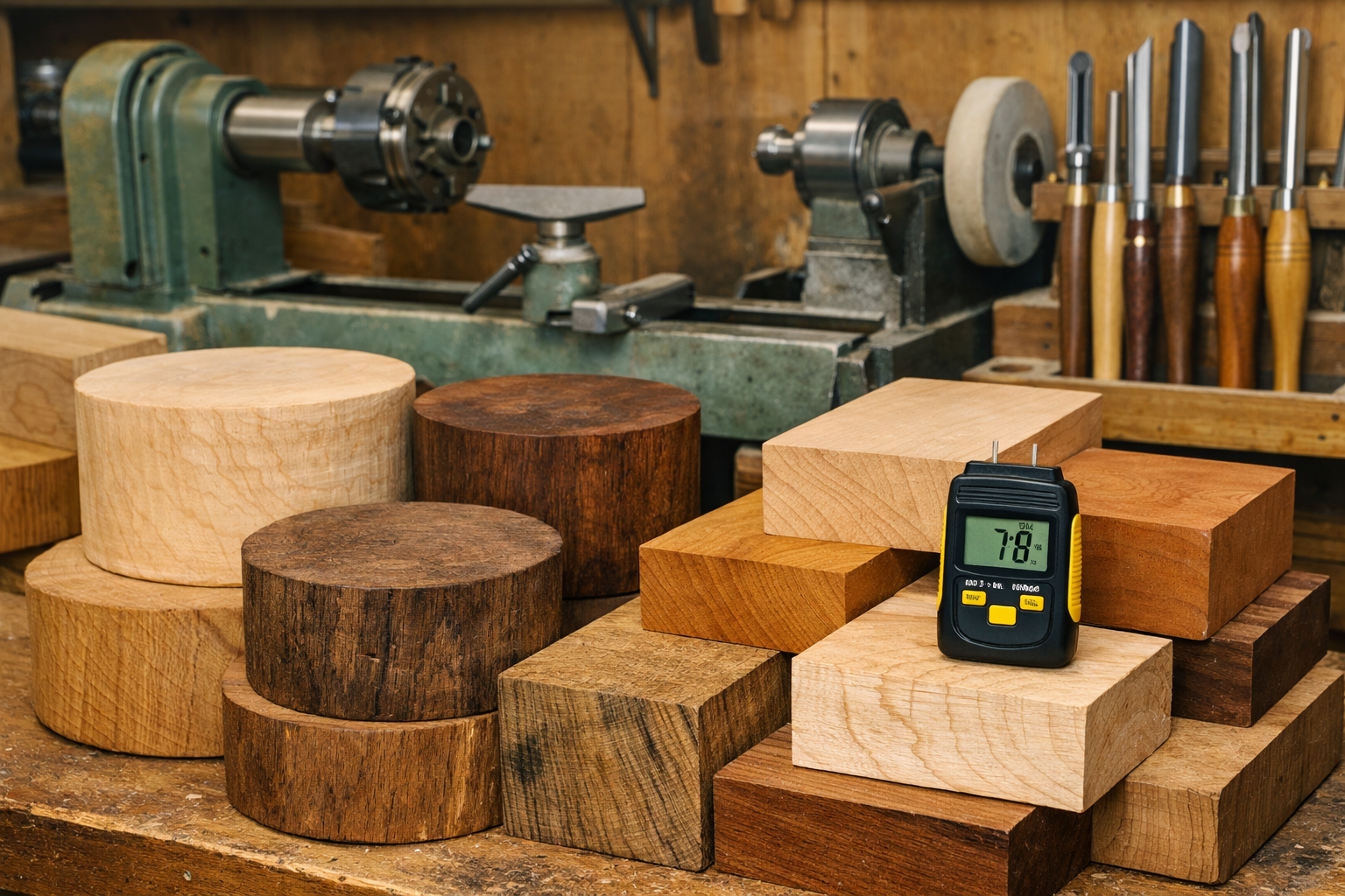 () image showcasing a diverse selection of raw wood blanks for turning, including maple, walnut, cherry, and oak, neatly