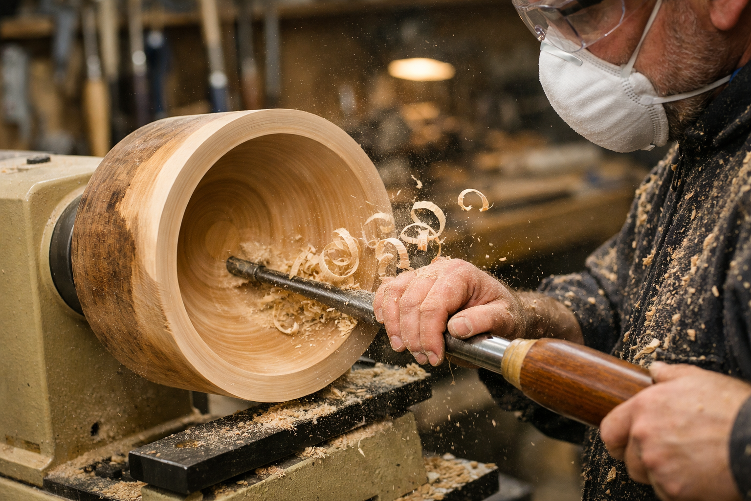 () image capturing the dynamic process of hollowing out a wooden bowl on a lathe. The artisan's hands are visible, expertly
