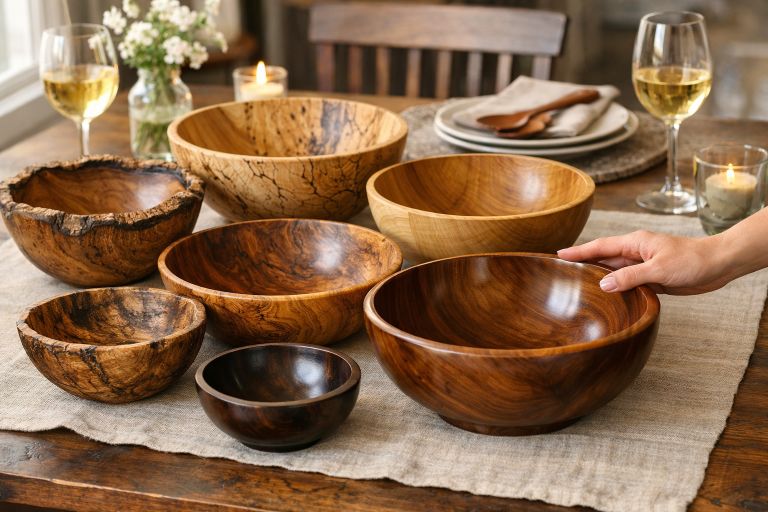 () image presenting a finished collection of Artisan Wooden Bowls: Lathe Techniques from Rustic to Elegant Salad Servers on