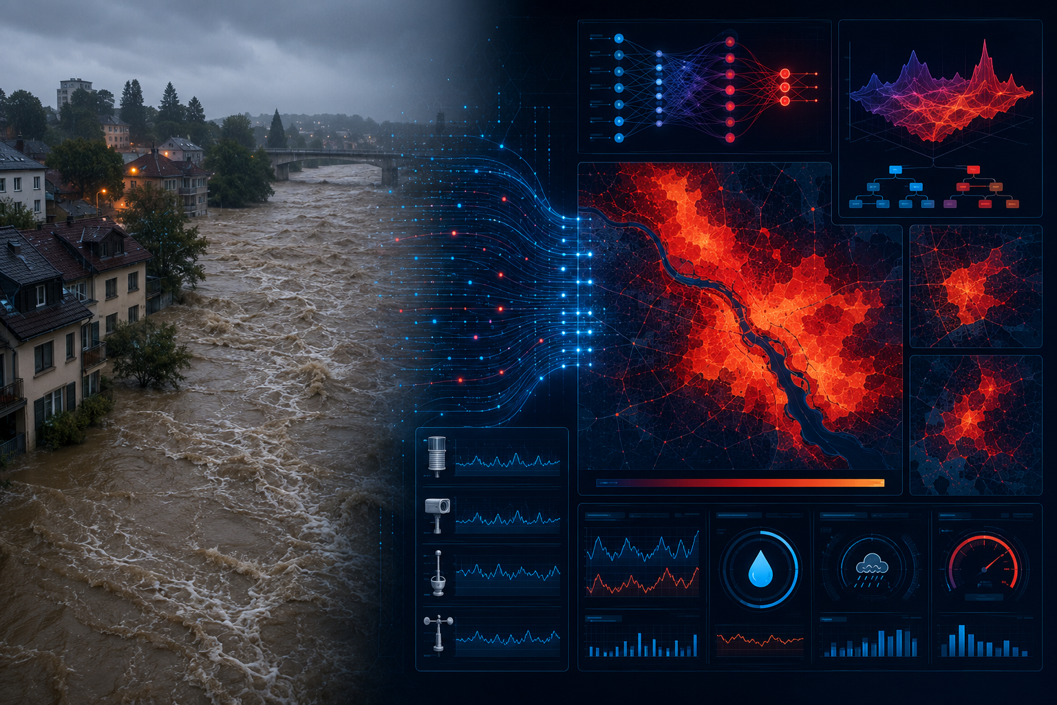 () visualization showing a split-screen composition: left side displays a realistic flooded river bursting its banks near