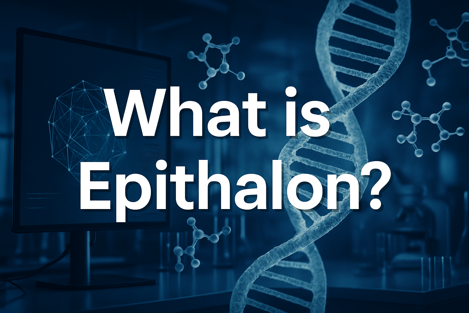 Professional landscape hero image (1536x1024) featuring bold text overlay 'What is Epithalon?' in extra large 72pt white sans-serif font wit