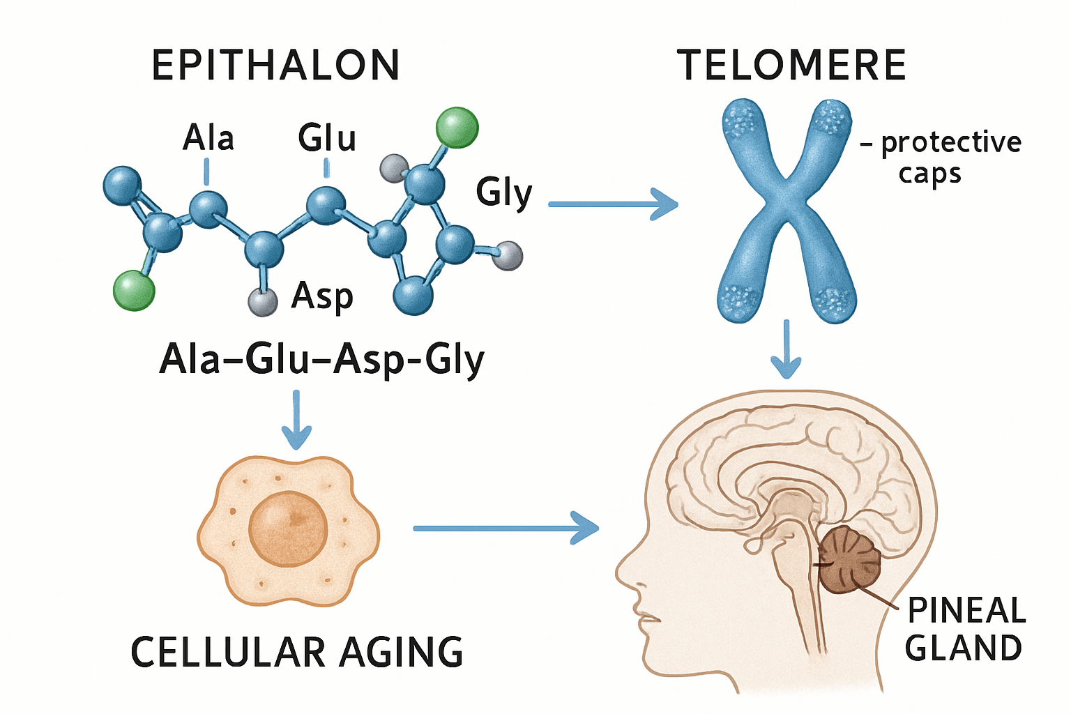 Scientific illustration showing Epithalon's four amino acid sequence (Ala-Glu-Asp-Gly) as 3D molecular structure with labeled components, co