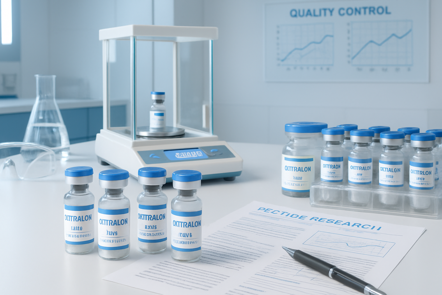 Research laboratory scene with peptide vials, precision scales, and scientific documentation spread across clean white lab bench. Multiple E