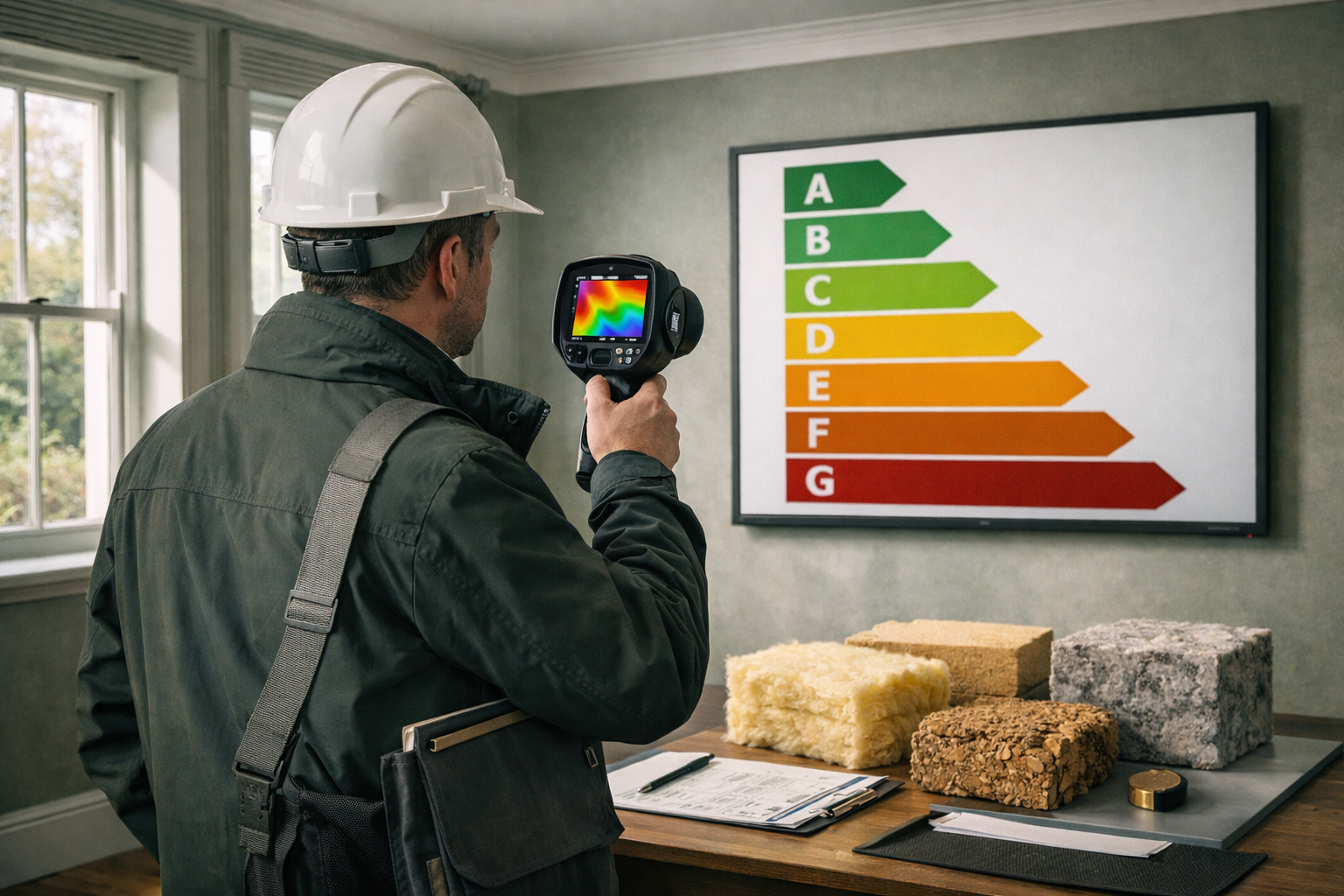 Wide-angle interior shot of a chartered surveyor conducting a Level 3 building survey in a UK residential property, holding