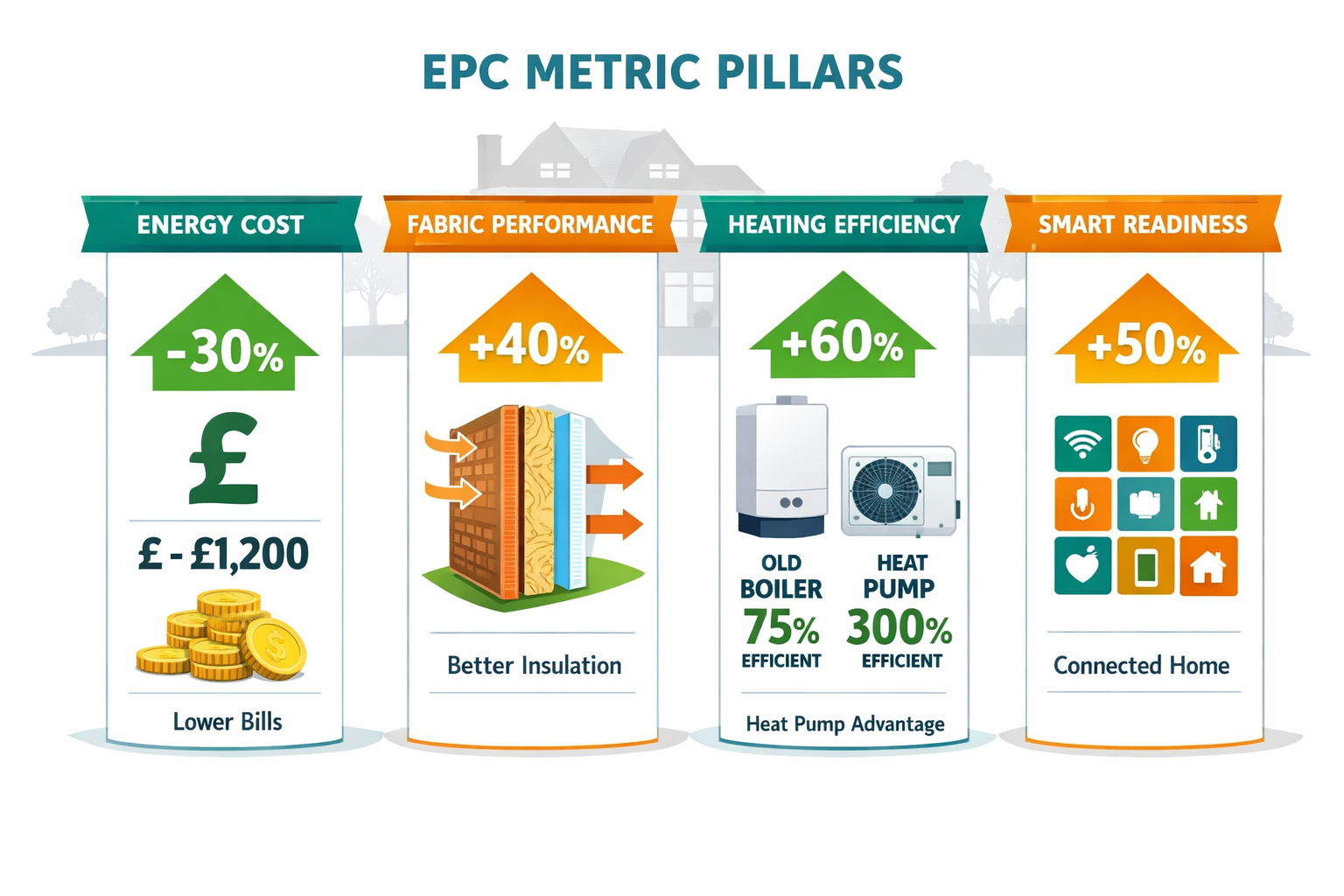 Detailed infographic-style illustration showing four EPC metric pillars—energy cost in pounds sterling, fabric performance