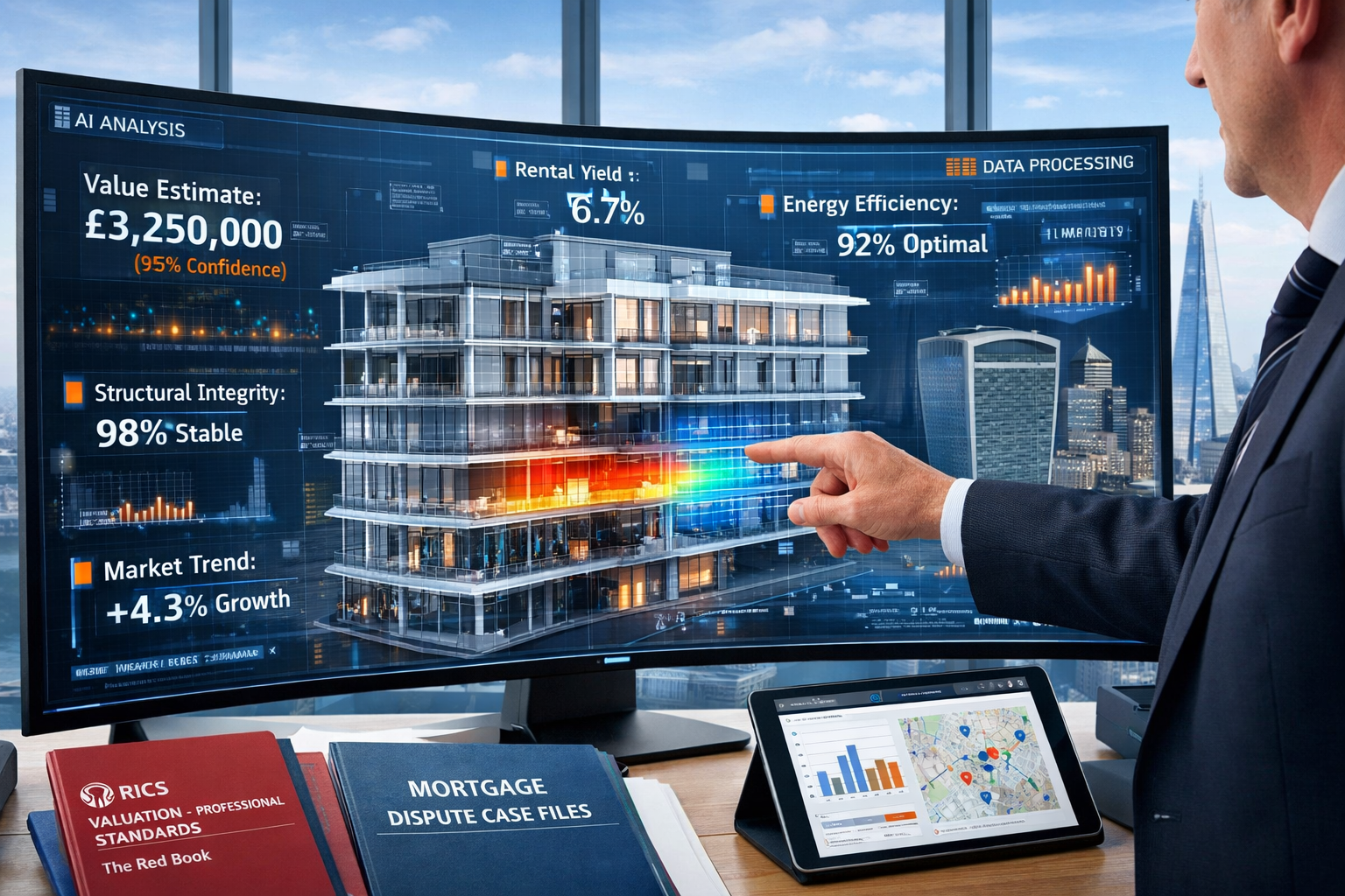Detailed () image showing close-up of advanced digital twin property visualization on large curved monitor in modern