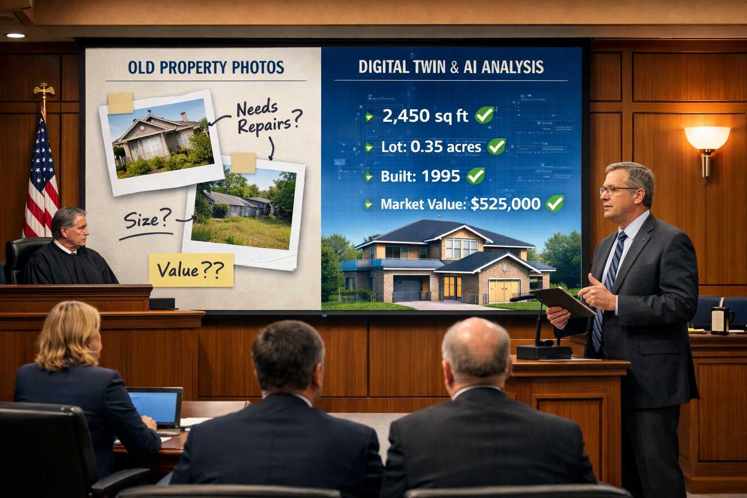 Wide-angle () image of modern courtroom scene during expert witness testimony. Large projection screen displays split view: