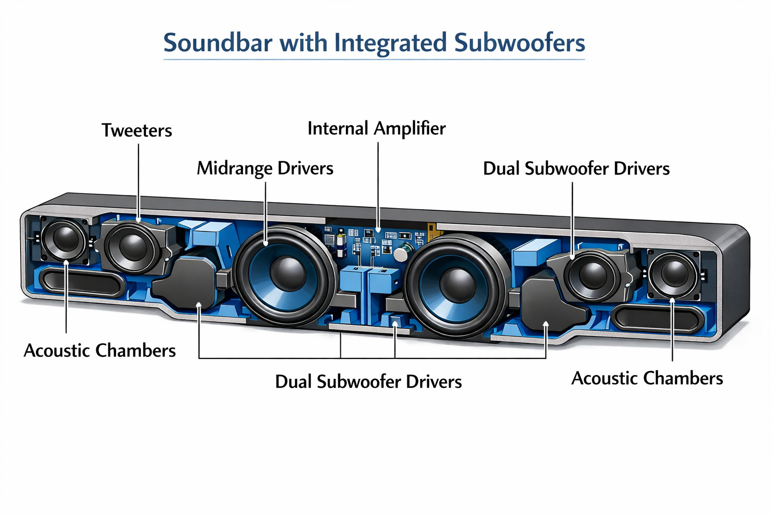 Close-up cross-section diagram illustration of a soundbar with integrated subwoofer drivers visible inside the housing, showing dual passive radiators and internal speaker components, technical cutaway style, clean white background with labeled parts, blue and gray color scheme, editorial infographic quality, landscape 1536x1024