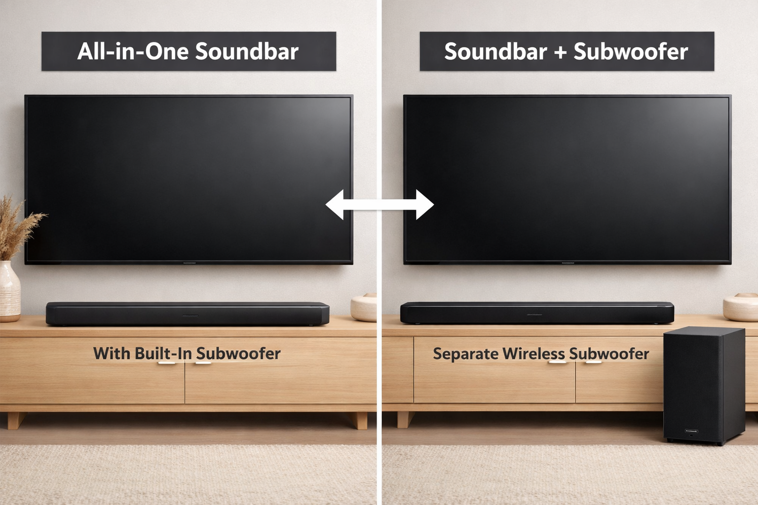 Side-by-side comparison scene showing a compact all-in-one soundbar with built-in subwoofer on the left versus a soundbar paired with a separate external wireless subwoofer on the right, both on a TV console, neutral living room background, comparison arrows and labels, clean product photography style, landscape