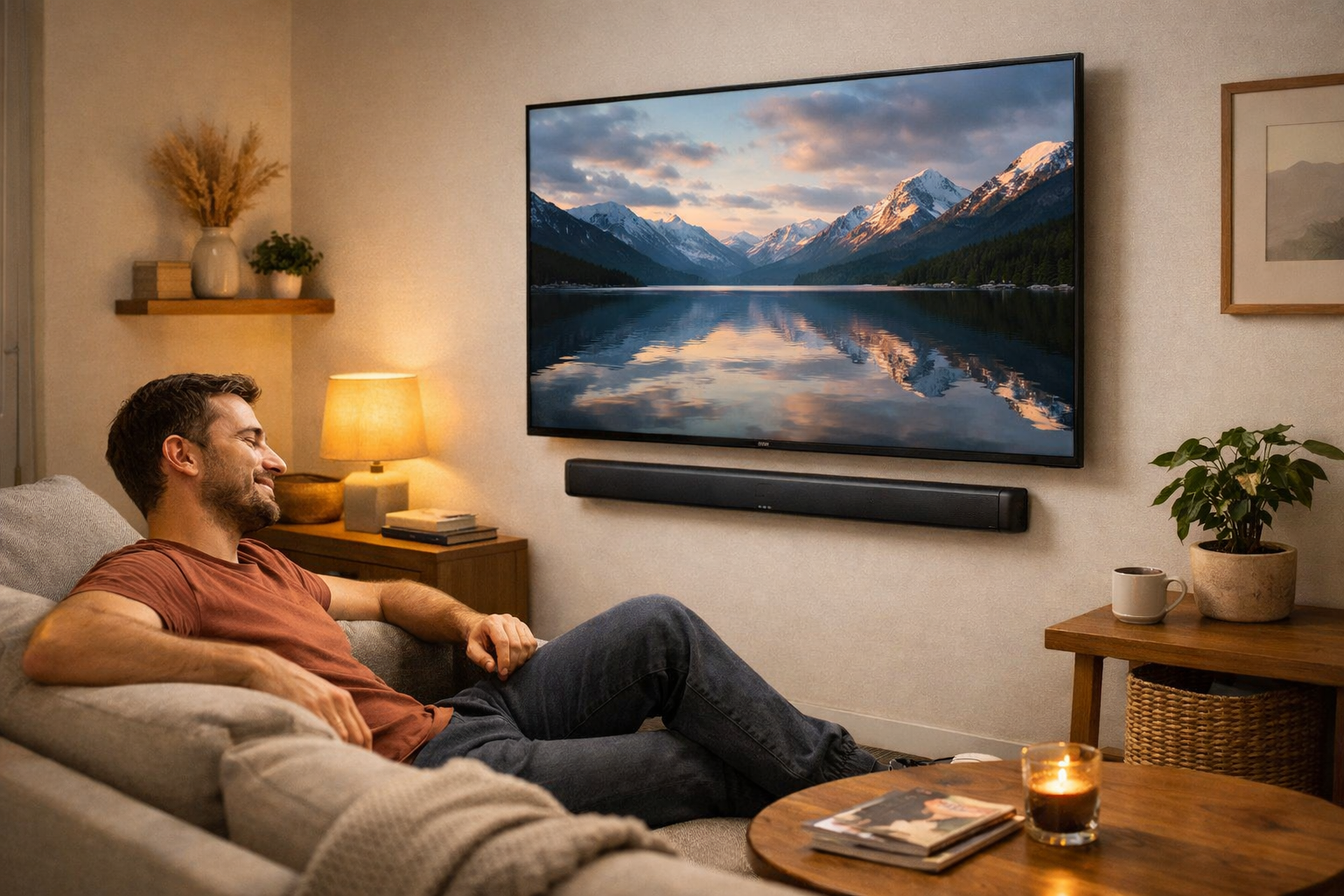 A person in a small apartment living room sitting on a couch listening to a slim soundbar with built-in subwoofer below a wall-mounted TV, relaxed expression, cozy minimalist decor, warm lighting, no cables visible, emphasizing space-saving setup, lifestyle photography style, landscape 1536x1024 