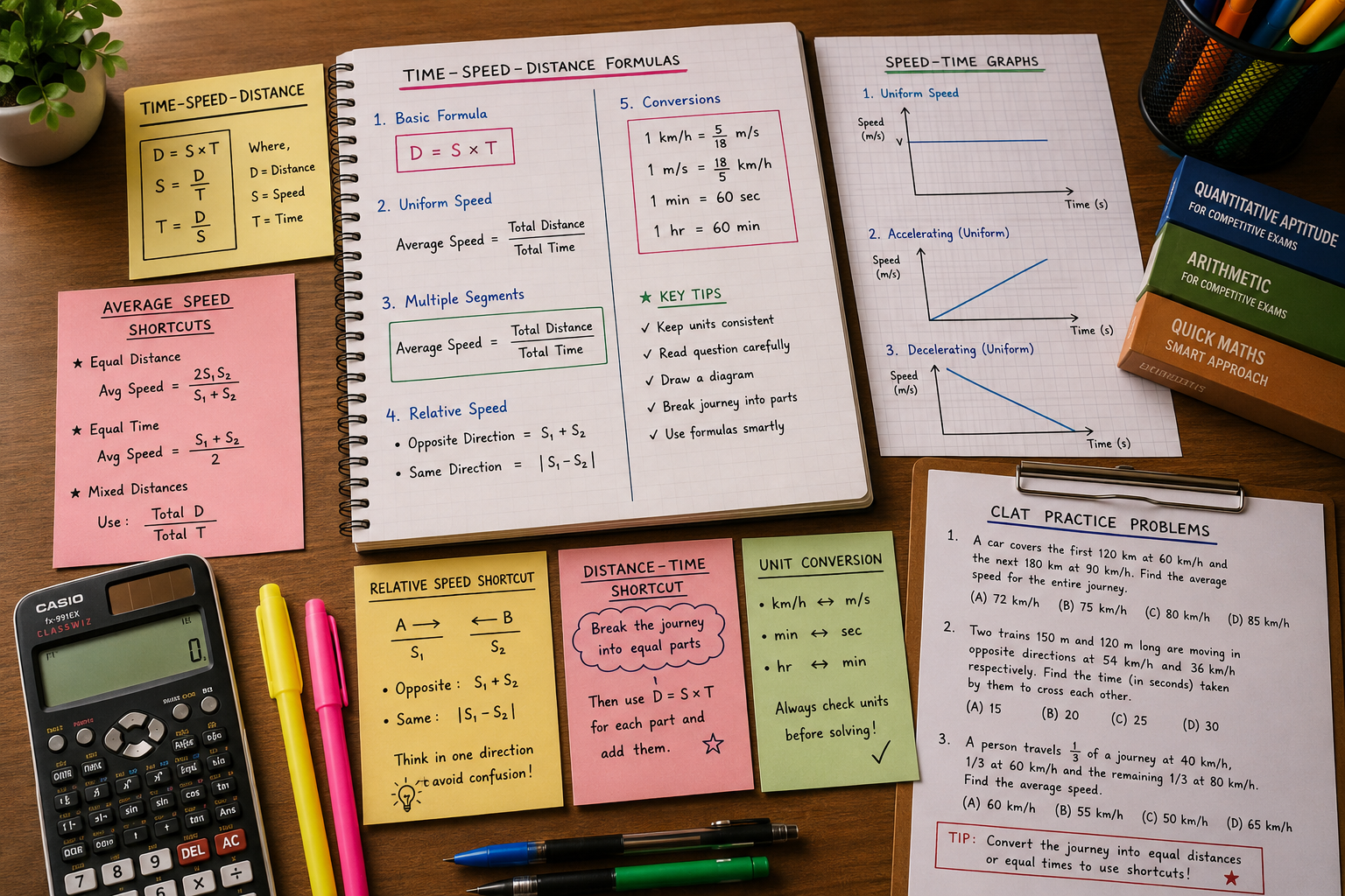 () image showing mathematical workspace with time-speed-distance formulas, average calculation shortcuts, and sample CLAT