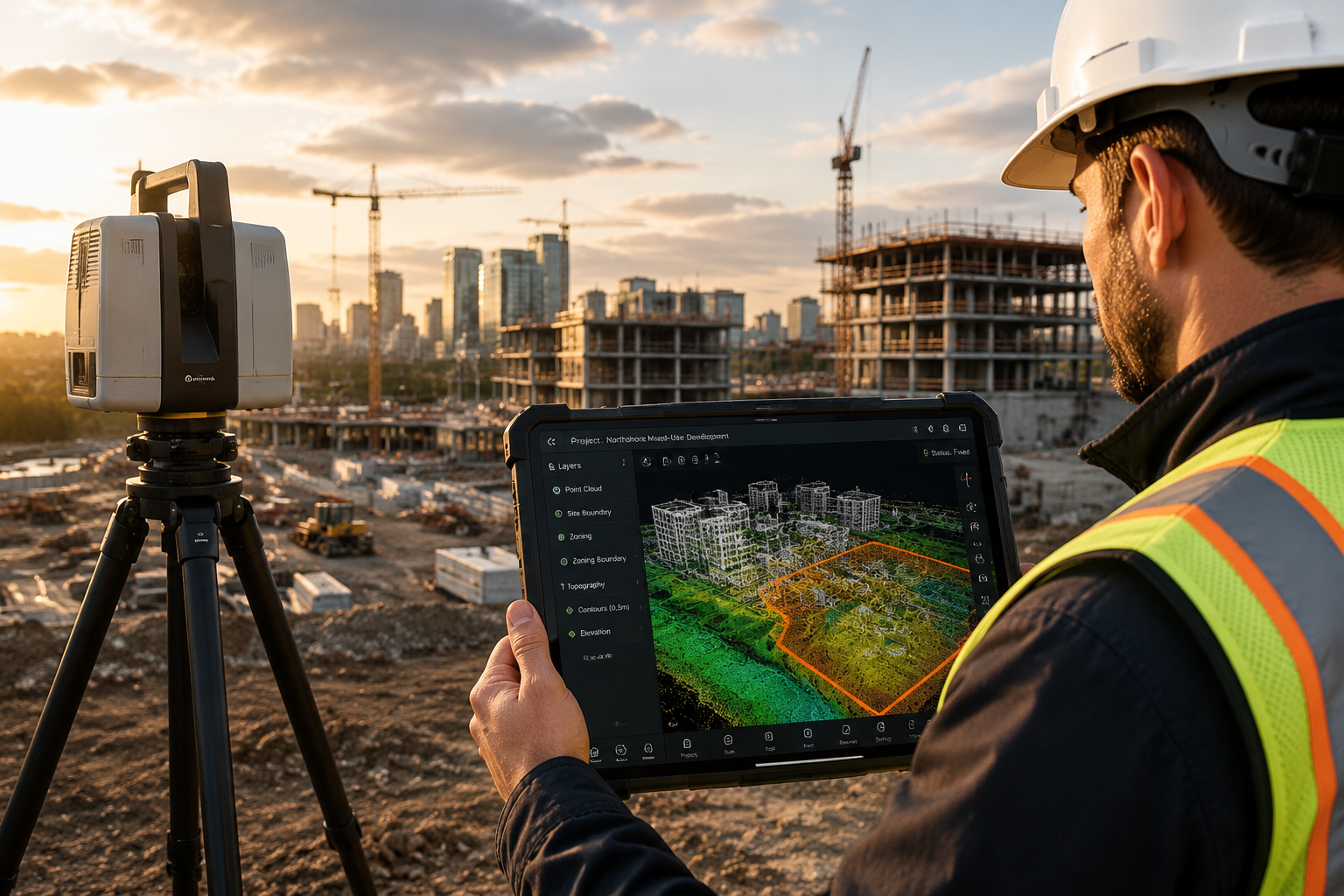 Wide-angle () showing a surveyor in high-visibility vest holding a rugged tablet displaying a real-time 3D point cloud model