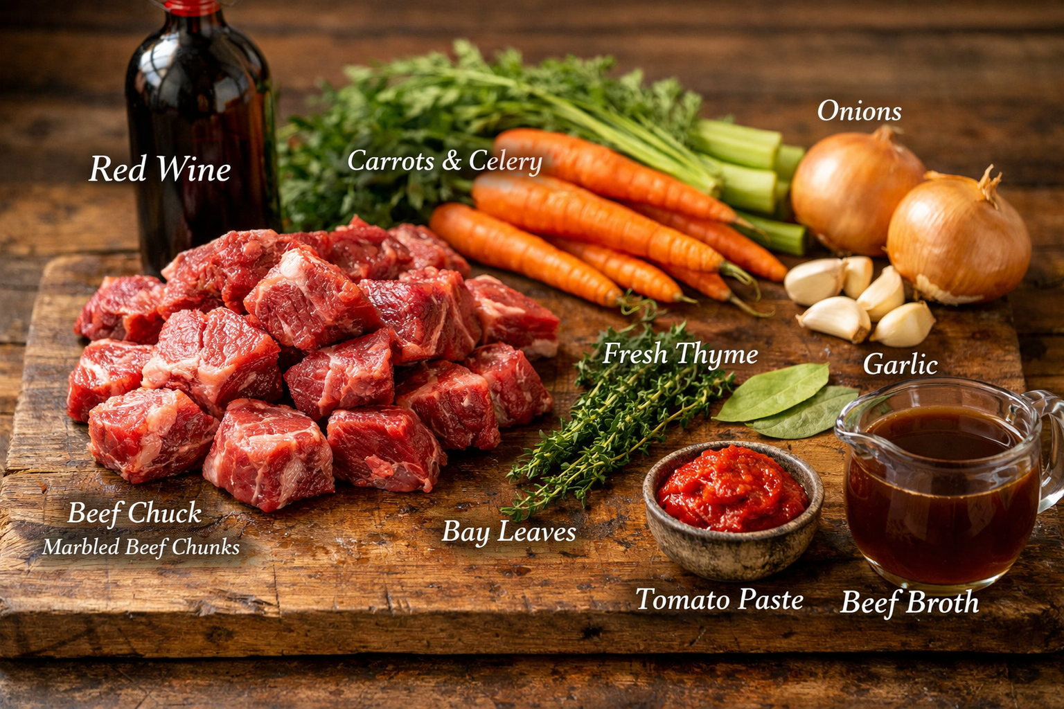 Detailed landscape image (1536x1024) showing essential ingredients for red wine beef stew arranged beautifully on rustic wooden cutting boar