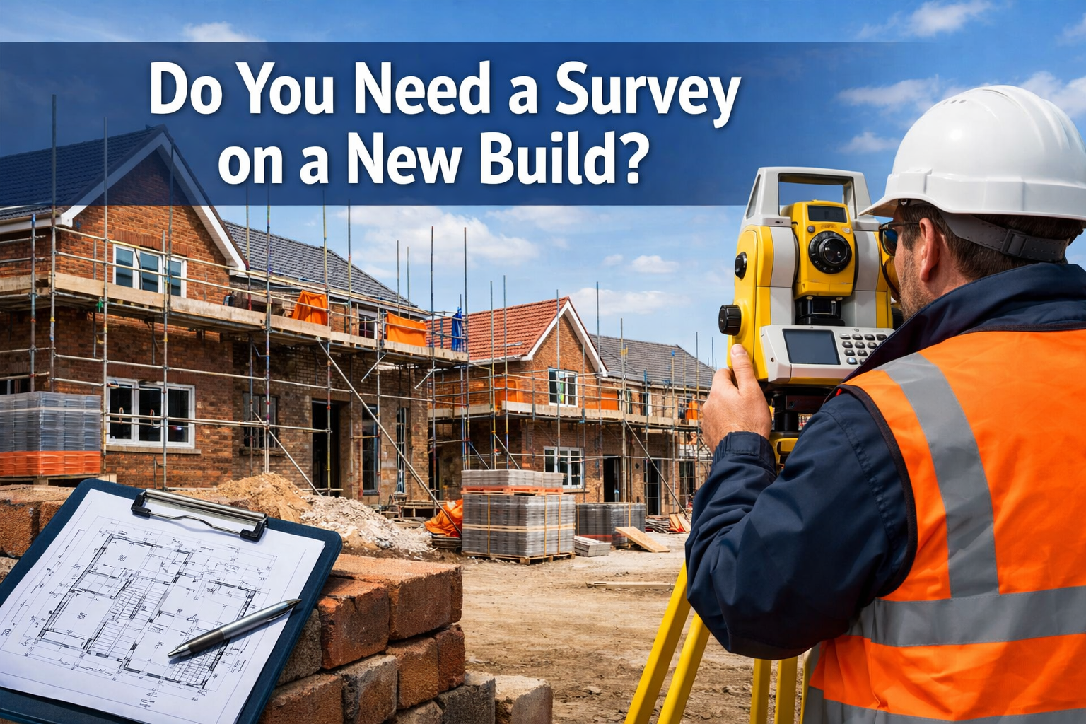Professional landscape format (1536x1024) hero image featuring bold text overlay 'Do You Need a Survey on a New Build?' in extra large 72pt 