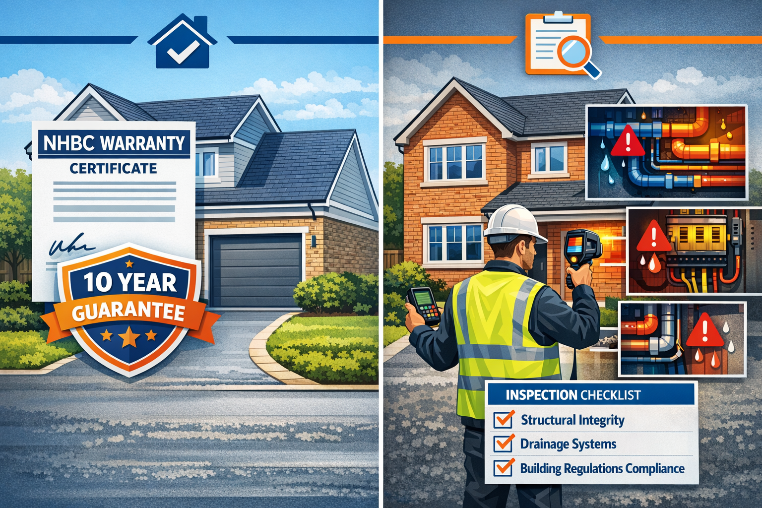 Landscape format (1536x1024) detailed illustration showing split-screen comparison: left side displays new build home with NHBC warranty cer
