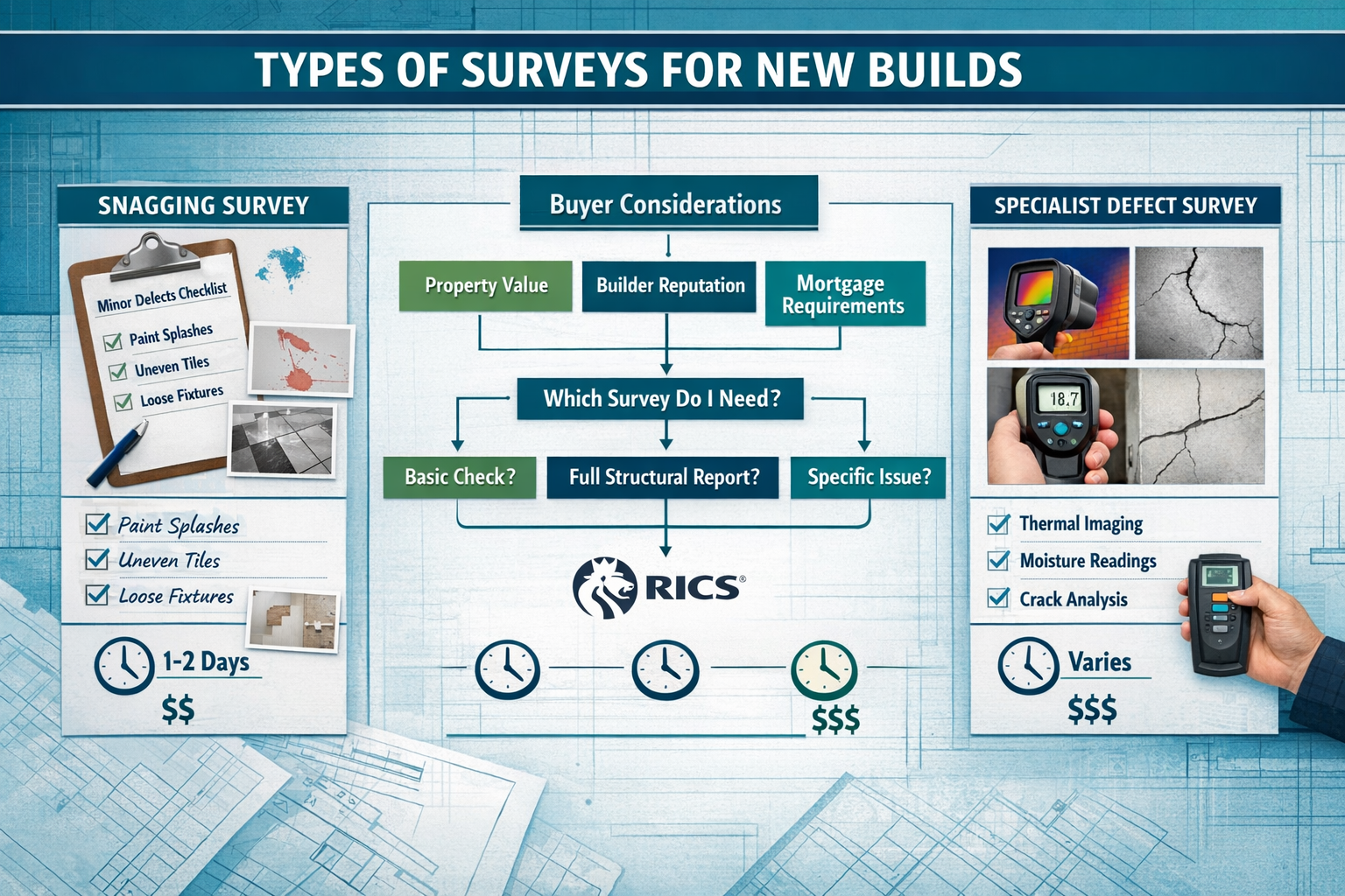 Landscape format (1536x1024) comprehensive infographic displaying three types of surveys for new builds: snagging survey (clipboard with min
