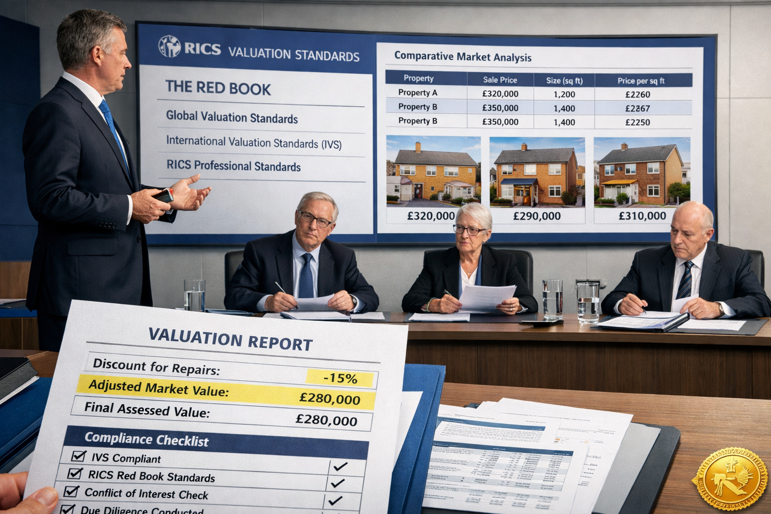 Detailed () image showing professional expert witness in formal business attire presenting valuation evidence in modern