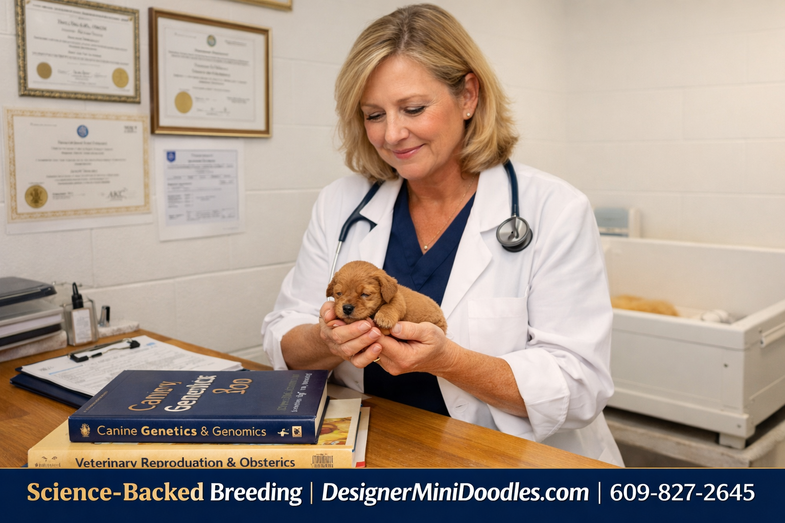 () editorial image showing a professional animal biologist in a clean, bright whelping room holding a tiny apricot micro