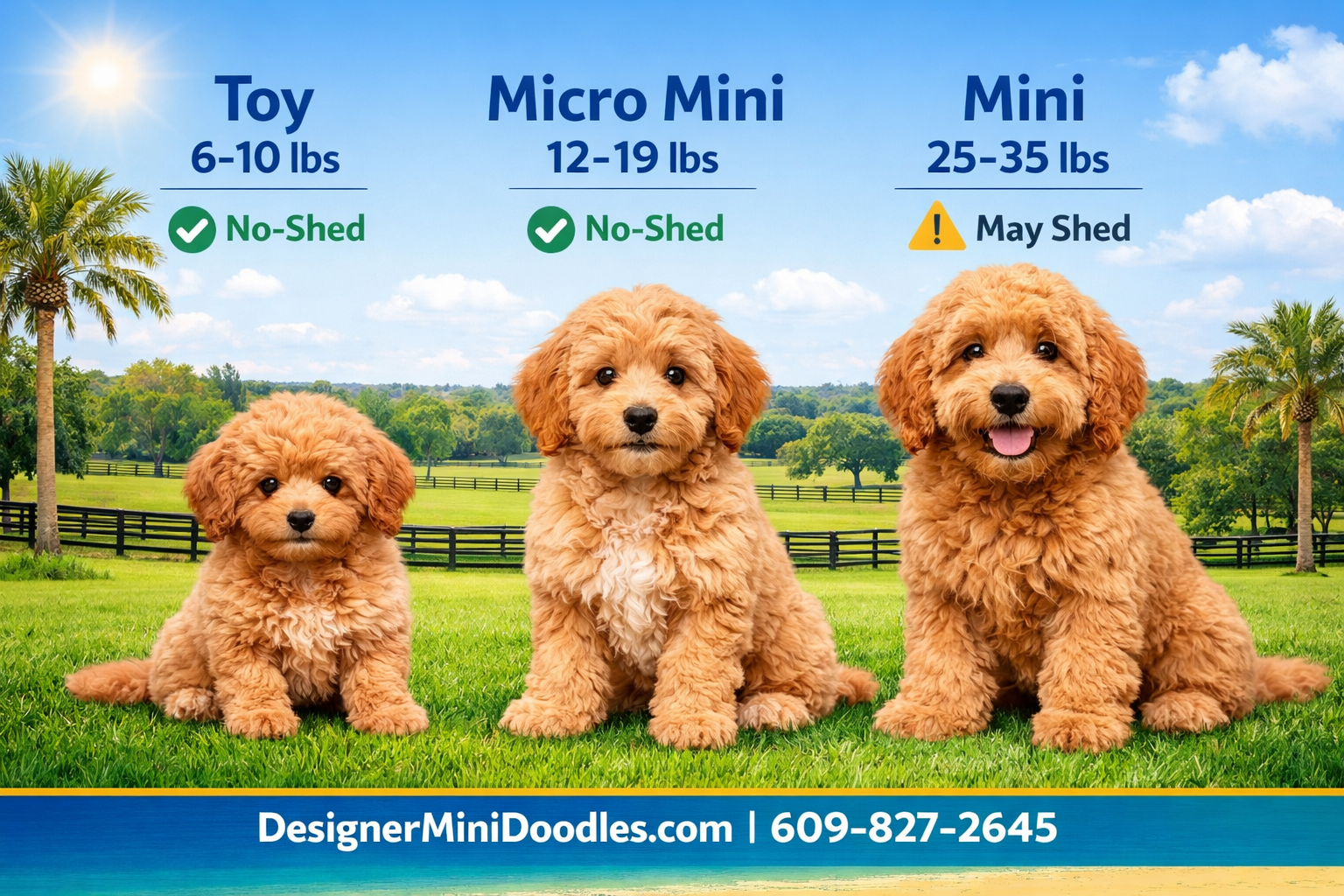 () infographic-style image showing three goldendoodle puppies of different sizes side by side labeled 'Toy 6-10 lbs', 'Micro