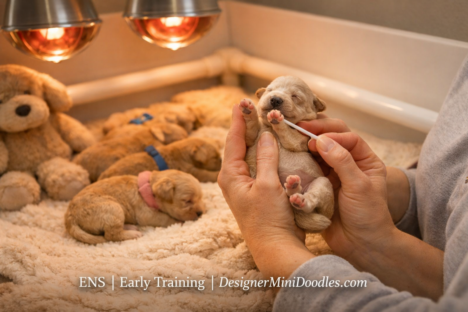 () showing a warm whelping nursery scene with newborn micro mini goldendoodle puppies in a clean, a caregiver performing