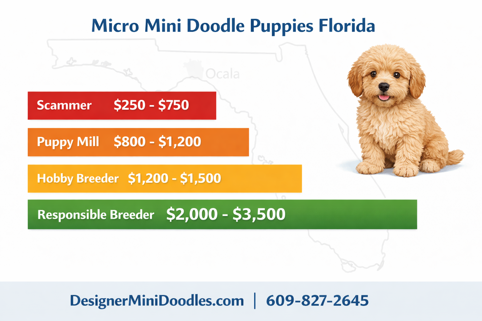() price comparison bar chart graphic showing four price tiers: 'Scammer $250-$750' in red, 'Puppy Mill $800-Newborn micro mini goldendoodle puppies in whelping box with ENS training,200' in