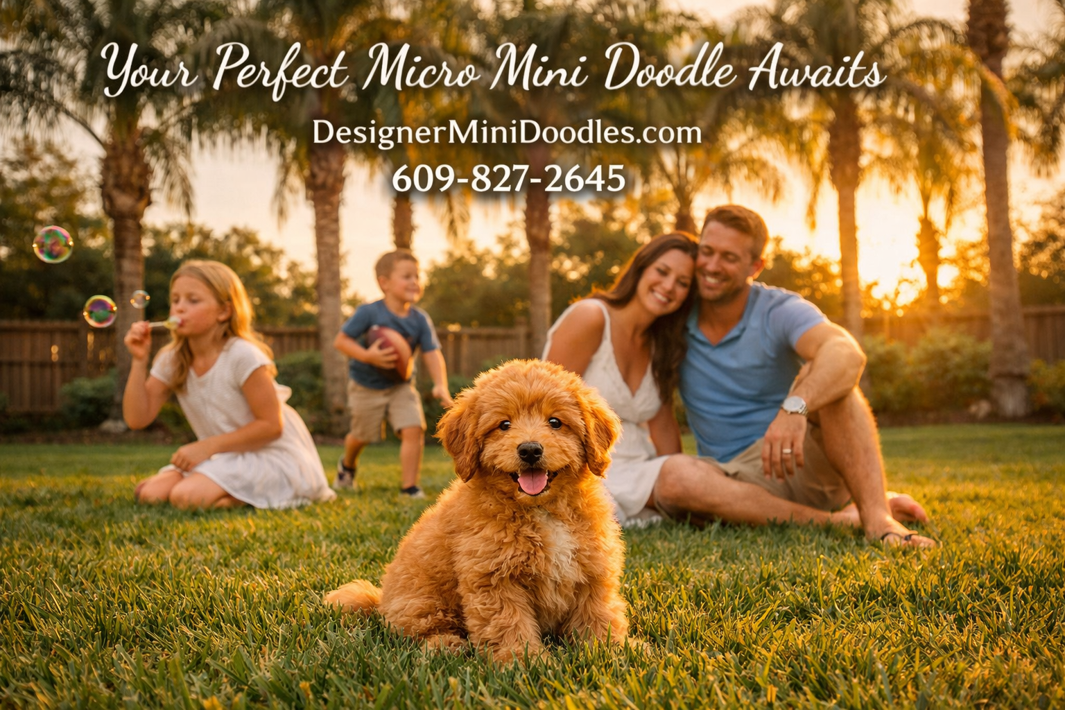 () showing a happy Florida family in an Ocala backyard with a fluffy apricot micro mini goldendoodle puppy, children playing