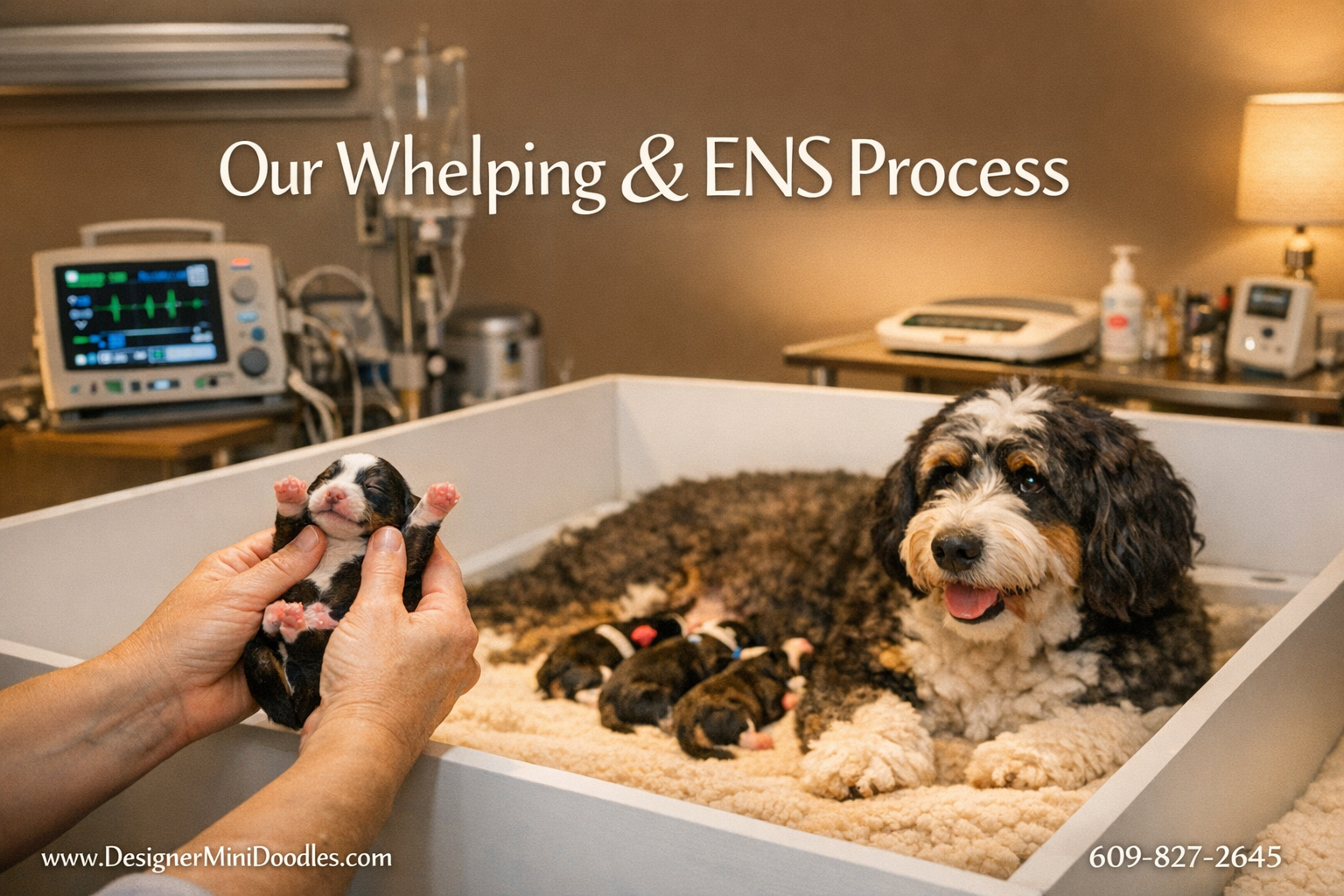 Detailed () photograph of a professional whelping room setup with a clean white whelping box containing a mother bernedoodle