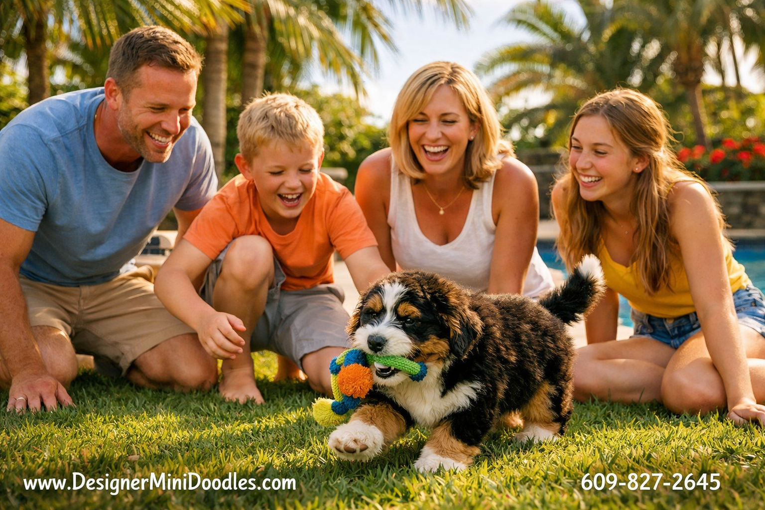 Detailed () warm photograph of a happy family playing with a fluffy tri-color miniature bernedoodle puppy in a Florida