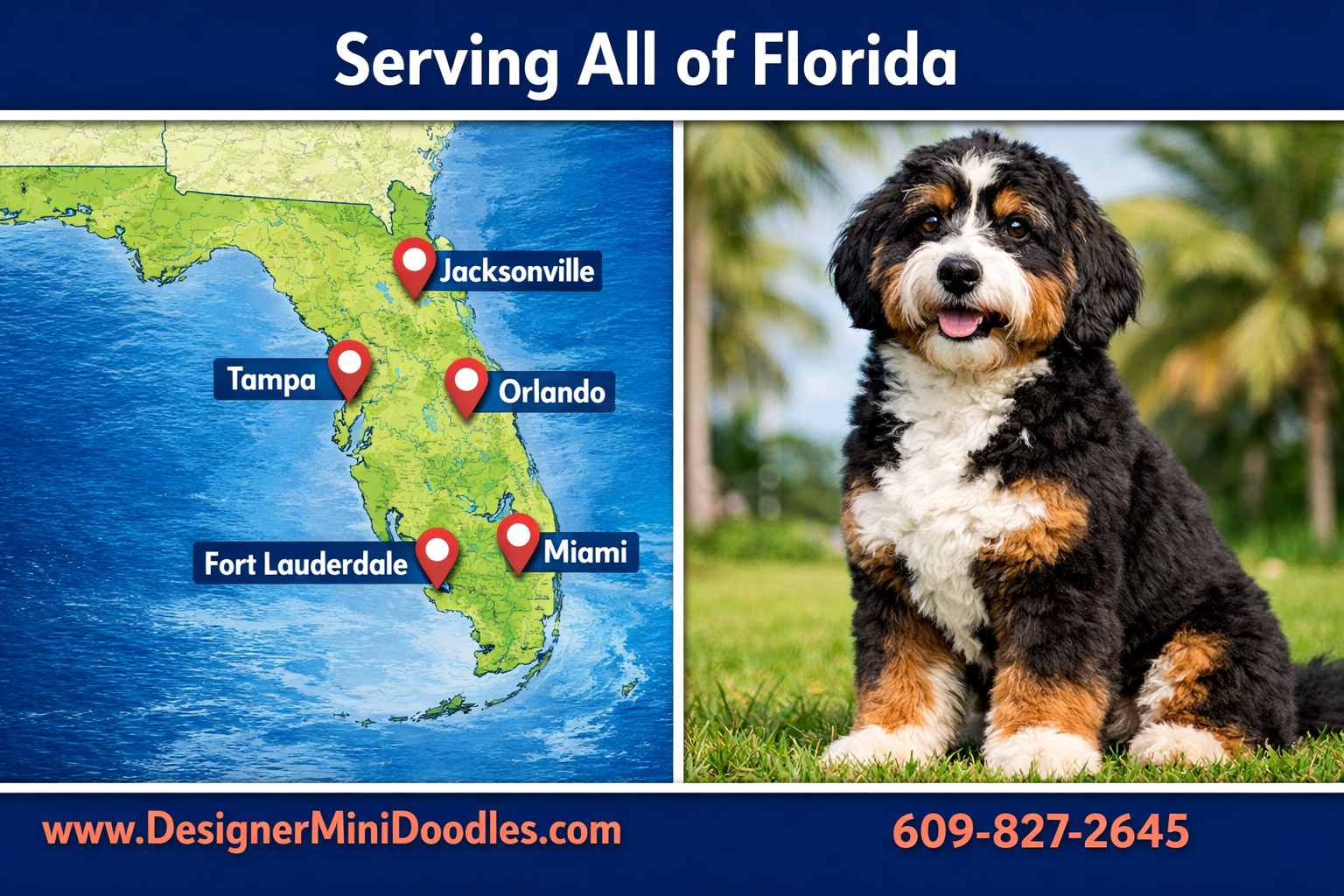 Detailed () professional split-image showing a Florida map on the left side with pins marking major cities Tampa, Orlando,