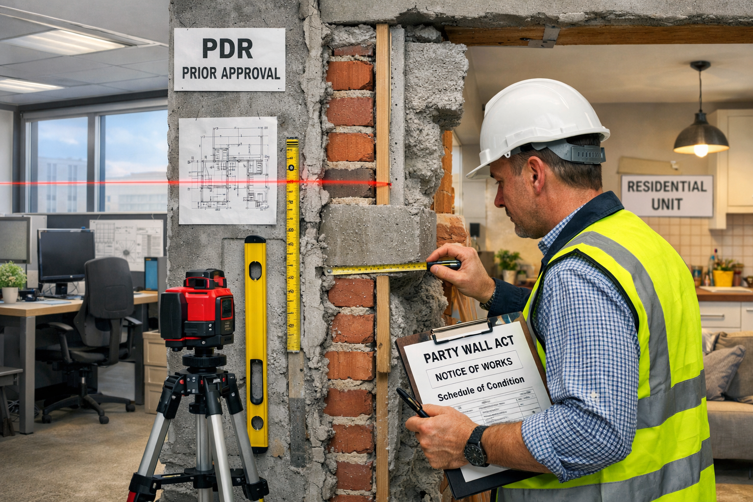 Detailed () image showing professional surveyor in hard hat and high-visibility vest examining shared wall between