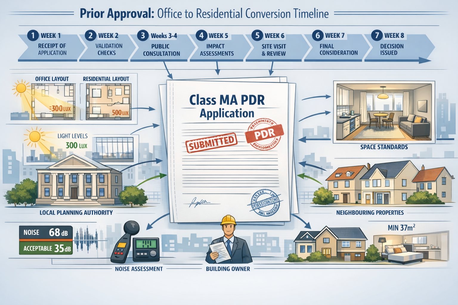 Detailed () infographic-style image displaying Prior Approval process timeline for office-to-residential conversions. Visual
