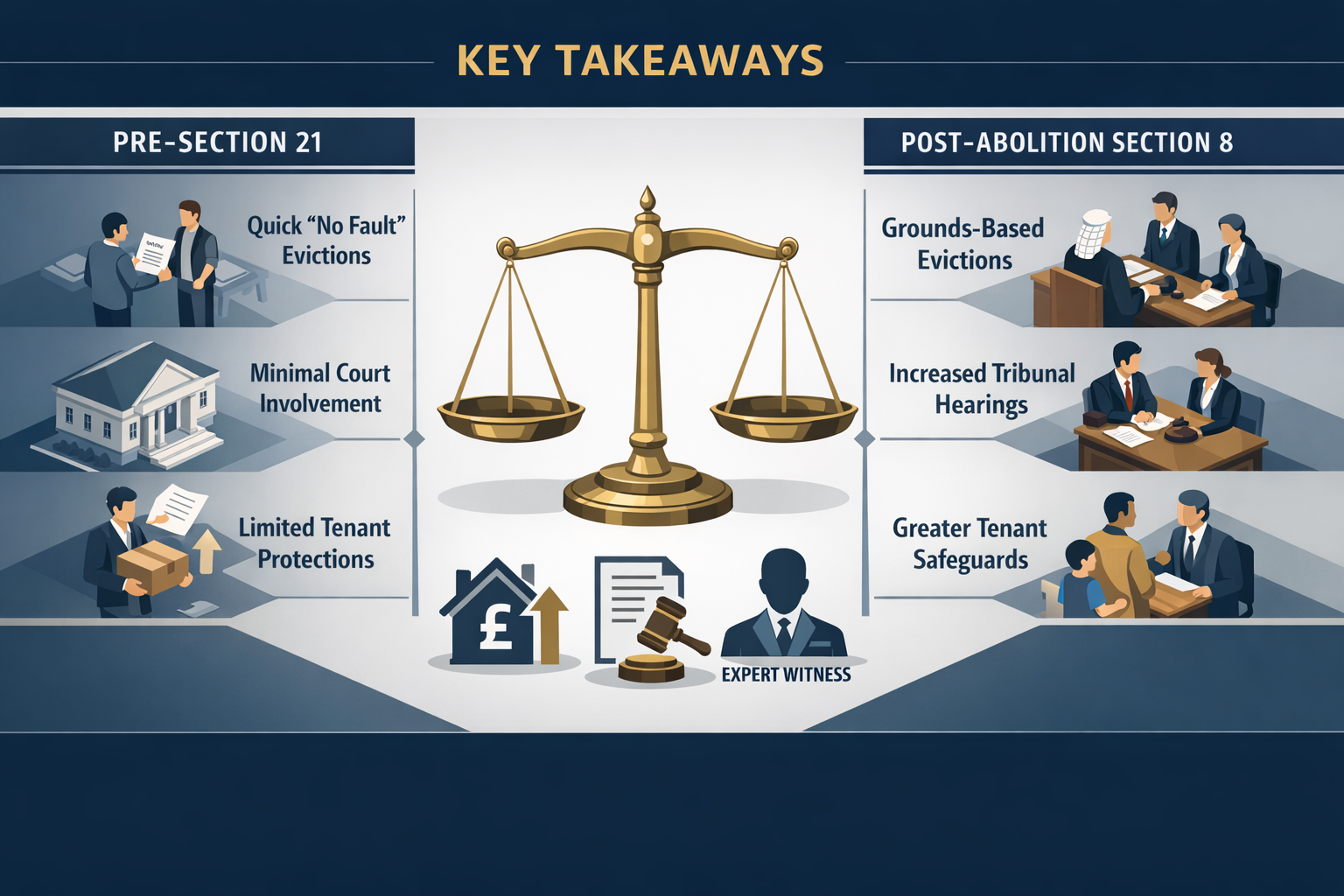 Key Takeaways section infographic depicting legal real estate landscape transformation: Split screen visualization showing