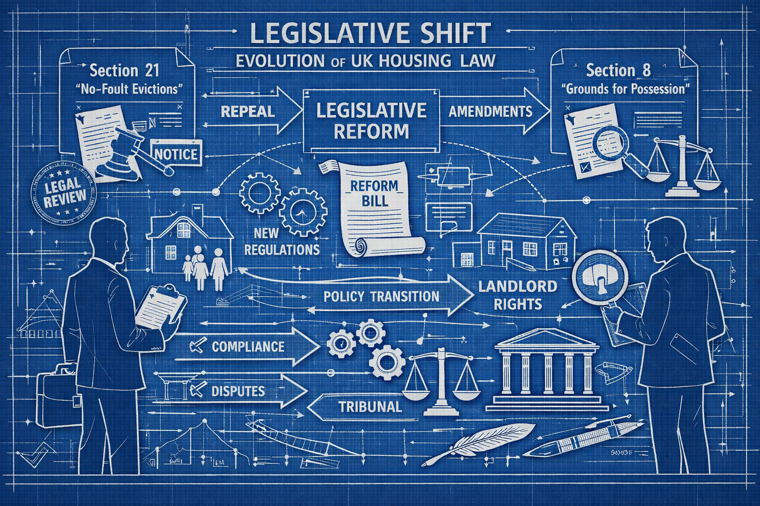 Legislative Shift section visual narrative: Architectural blueprint-style illustration mapping UK housing law evolution,
