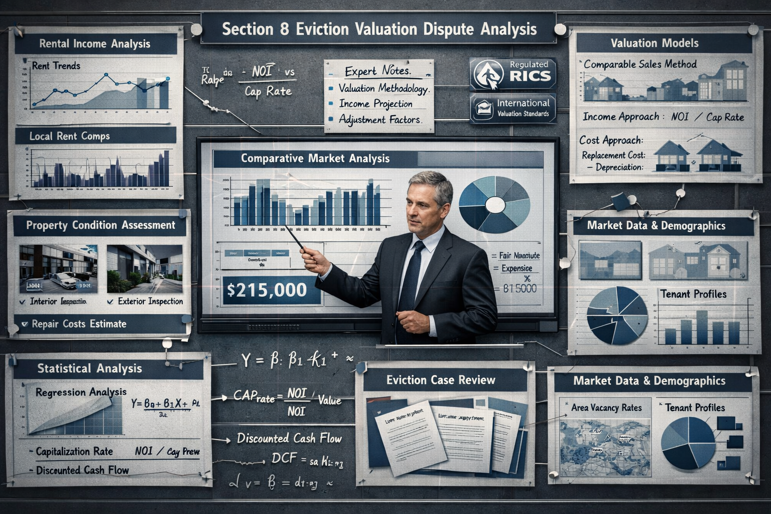 Expert Witness Strategies section forensic data visualization: Detailed forensic-style evidence board showing Section 8