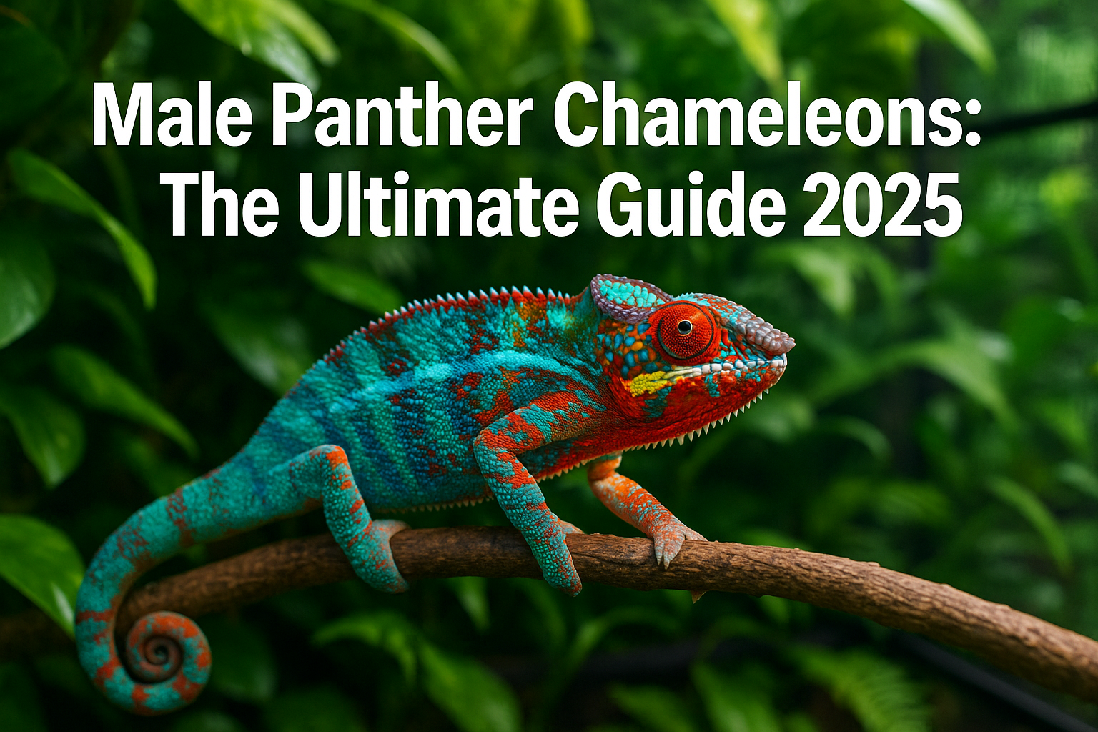 Professional landscape hero image (1536x1024) featuring a vibrant male panther chameleon with brilliant blue, red, and orange coloration per