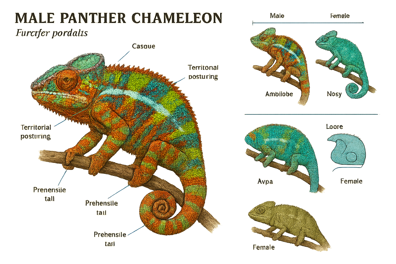Detailed landscape image (1536x1024) showing male panther chameleon anatomy and identification features with scientific diagram overlay, sid