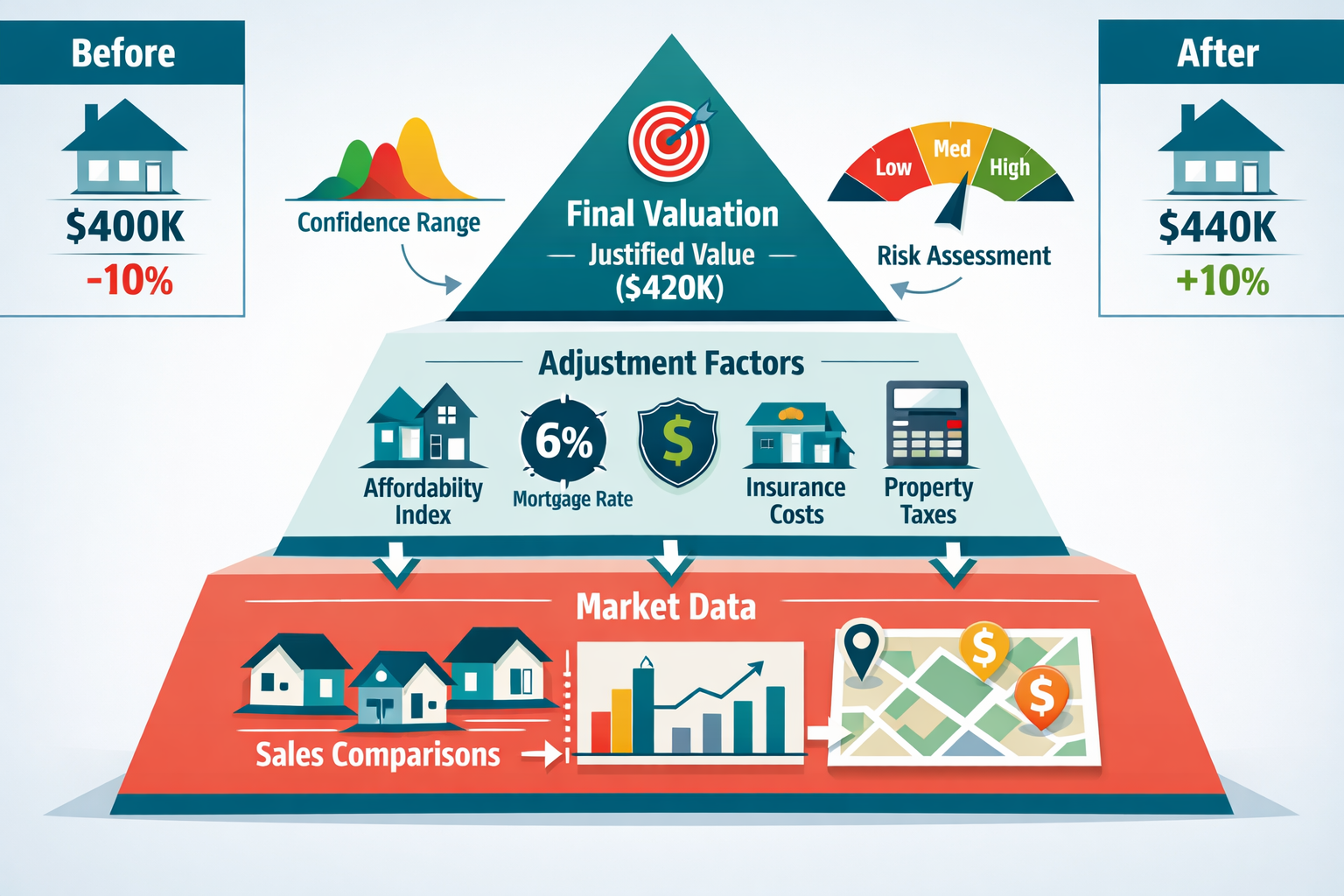 Landscape format (1536x1024) conceptual infographic illustration displaying three-tier pyramid structure representing valuation methodology 