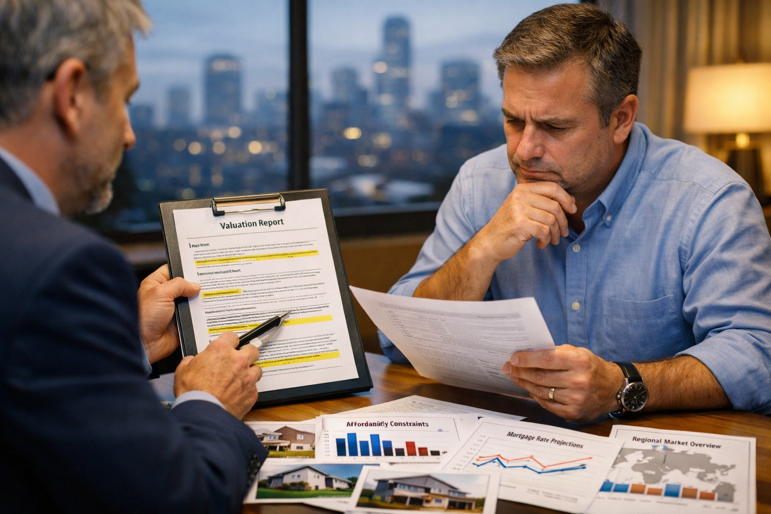 Landscape format (1536x1024) professional photograph showing surveyor-client consultation meeting in modern office setting, surveyor present